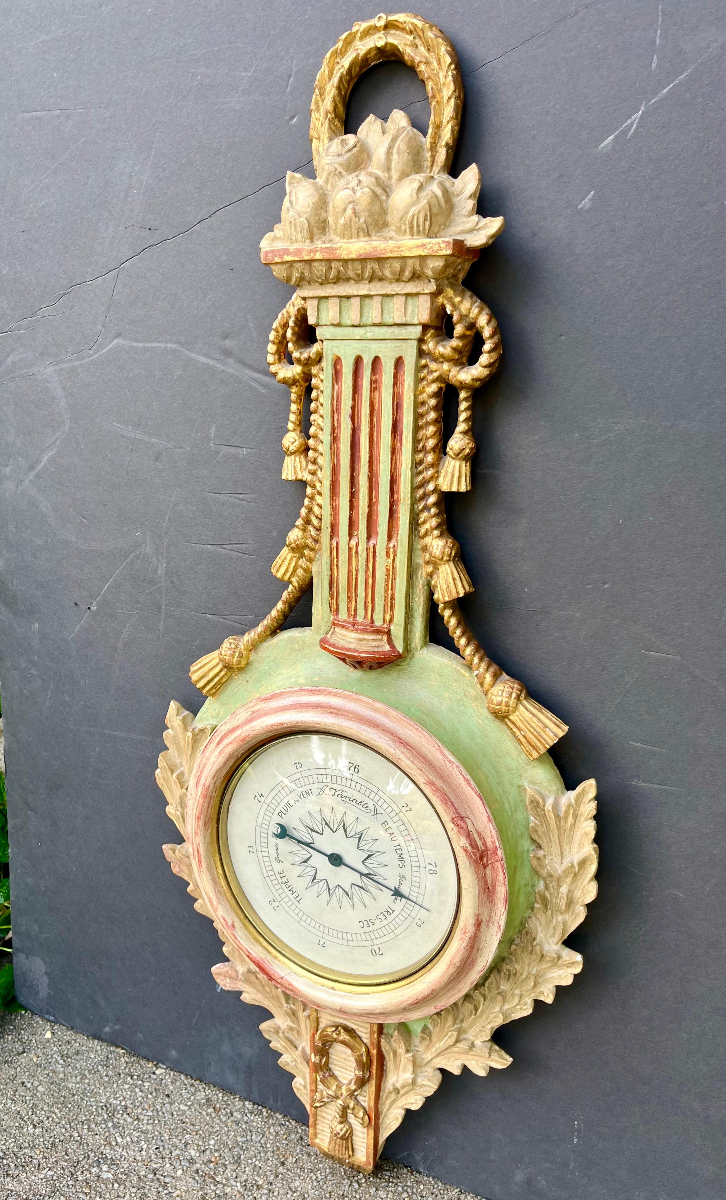 Louis XVI Louis Xvi Style Carved Wood Paint and Parcel Gilt Barometer For Sale