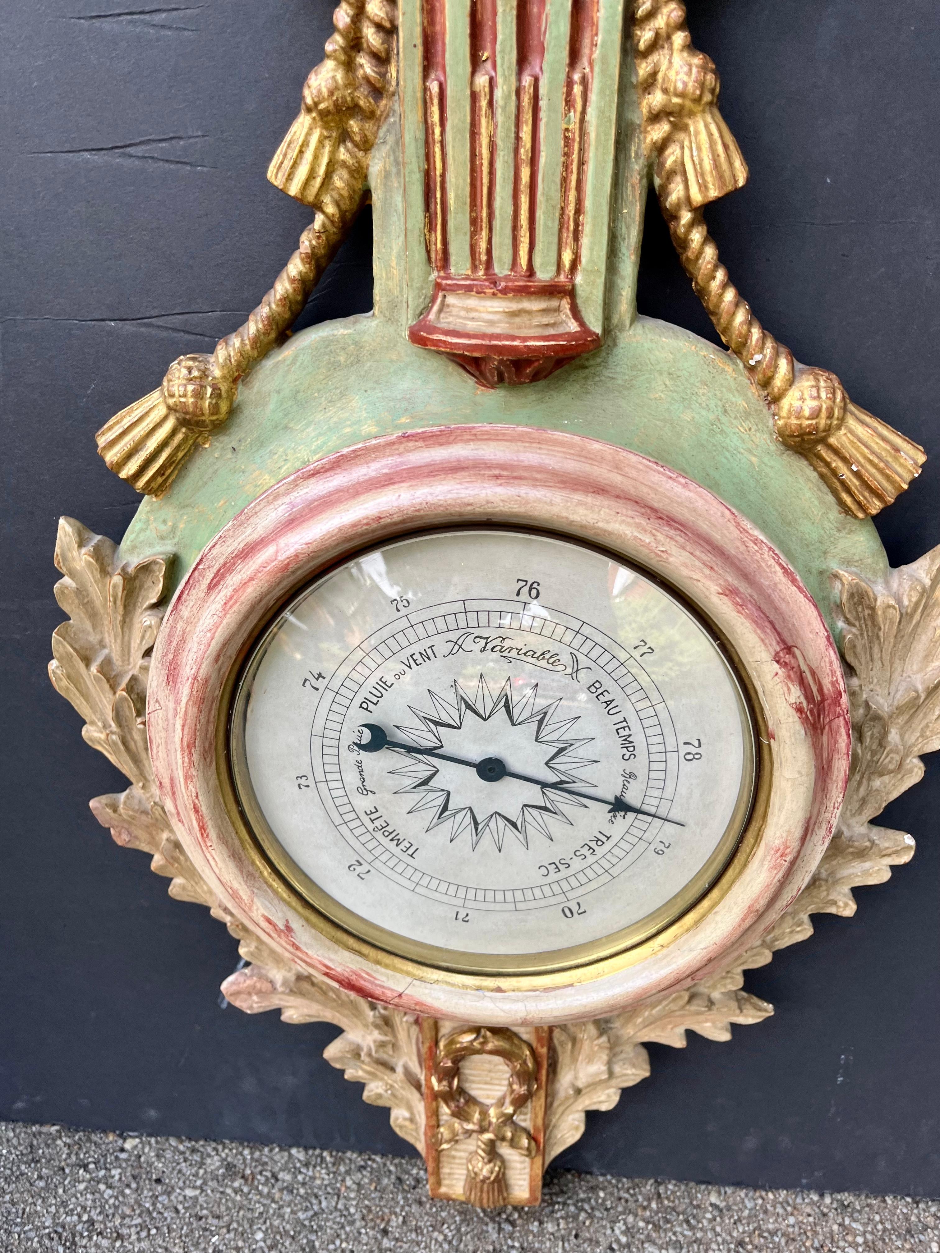 Italian Louis Xvi Style Carved Wood Paint and Parcel Gilt Barometer For Sale