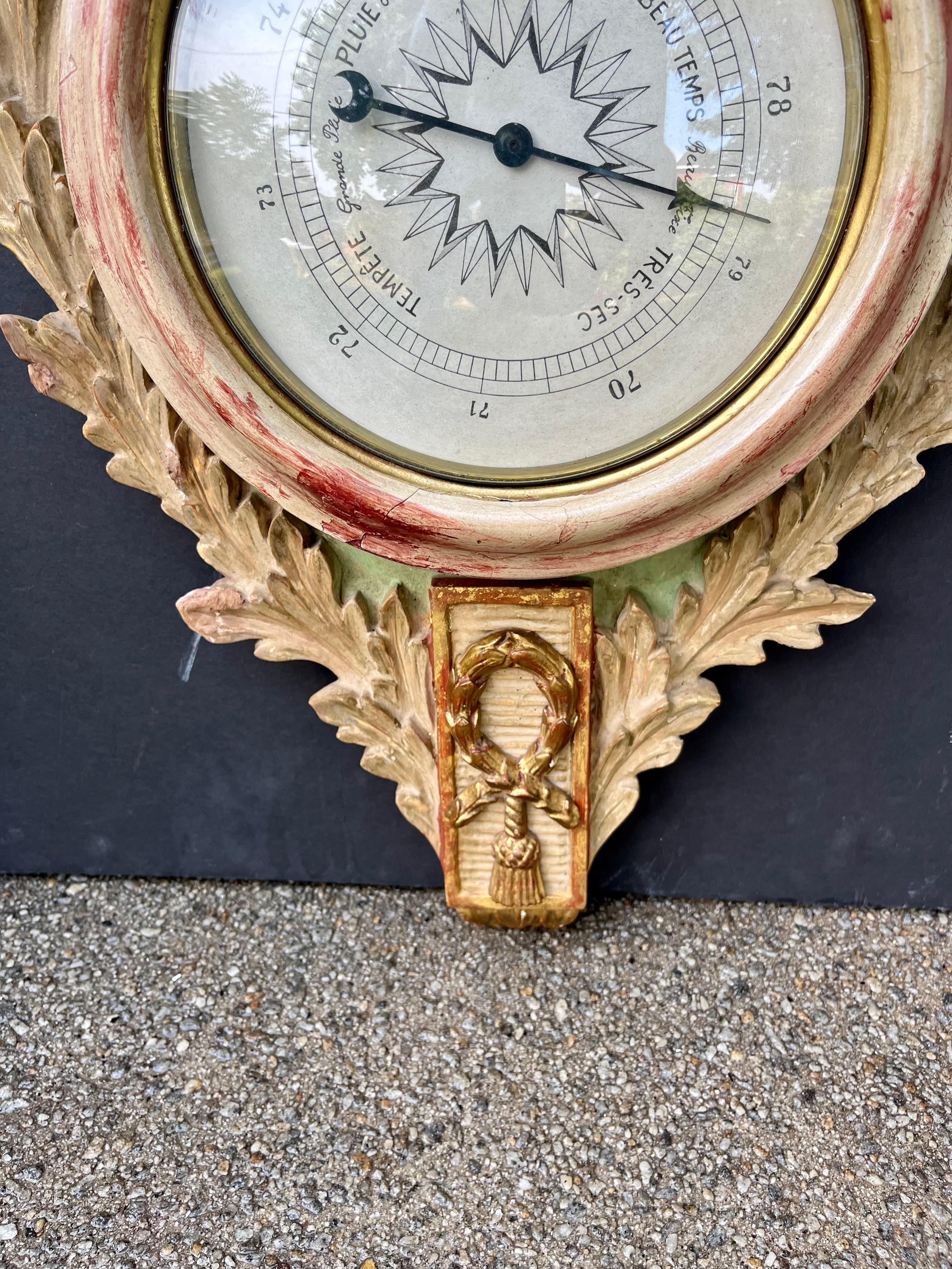 Louis Xvi Style Carved Wood Paint and Parcel Gilt Barometer In Distressed Condition For Sale In Nashville, TN