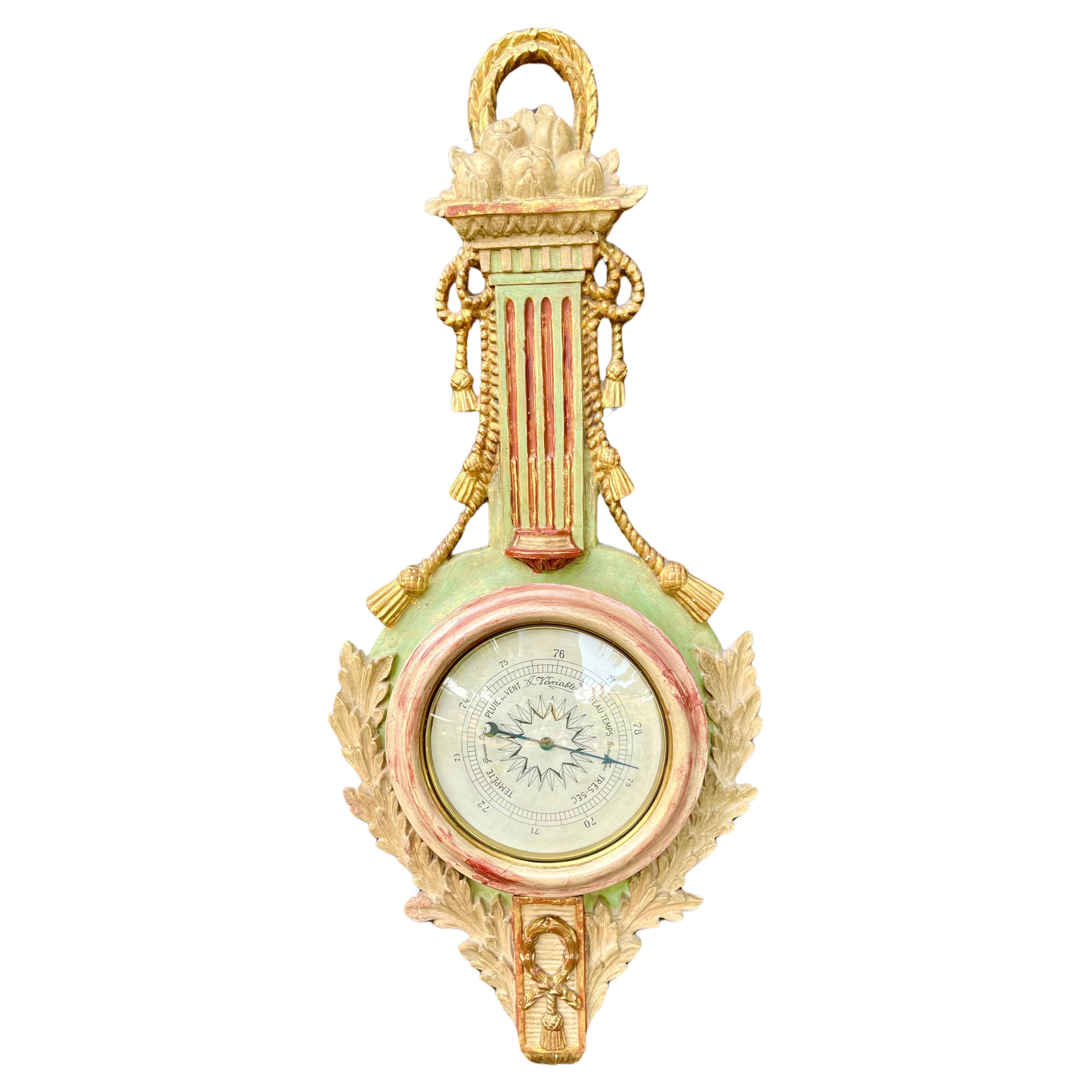 Louis Xvi Style Carved Wood Paint and Parcel Gilt Barometer For Sale
