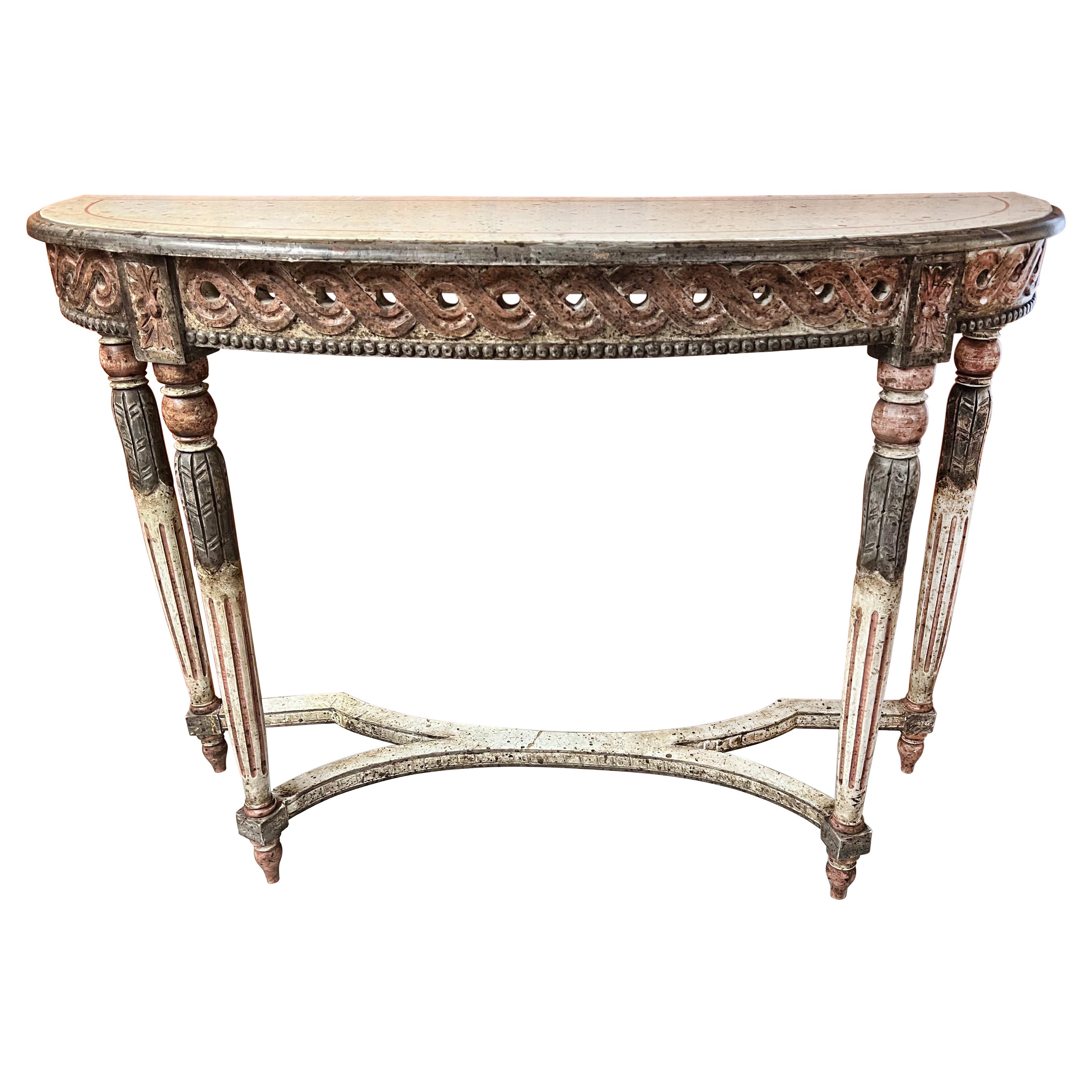 Louis XVI Style Carved Wooden Demilune Console Table