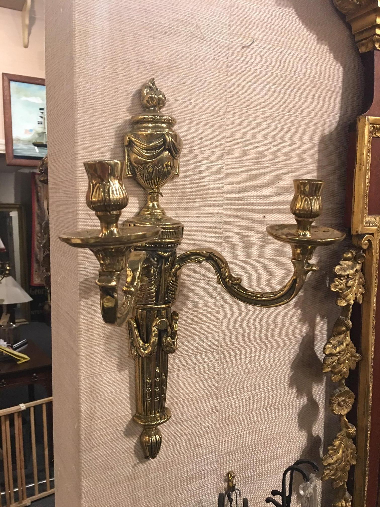 French Louis XVI Style Cast Patinated Brass Two Candle Sconce, 19th Century