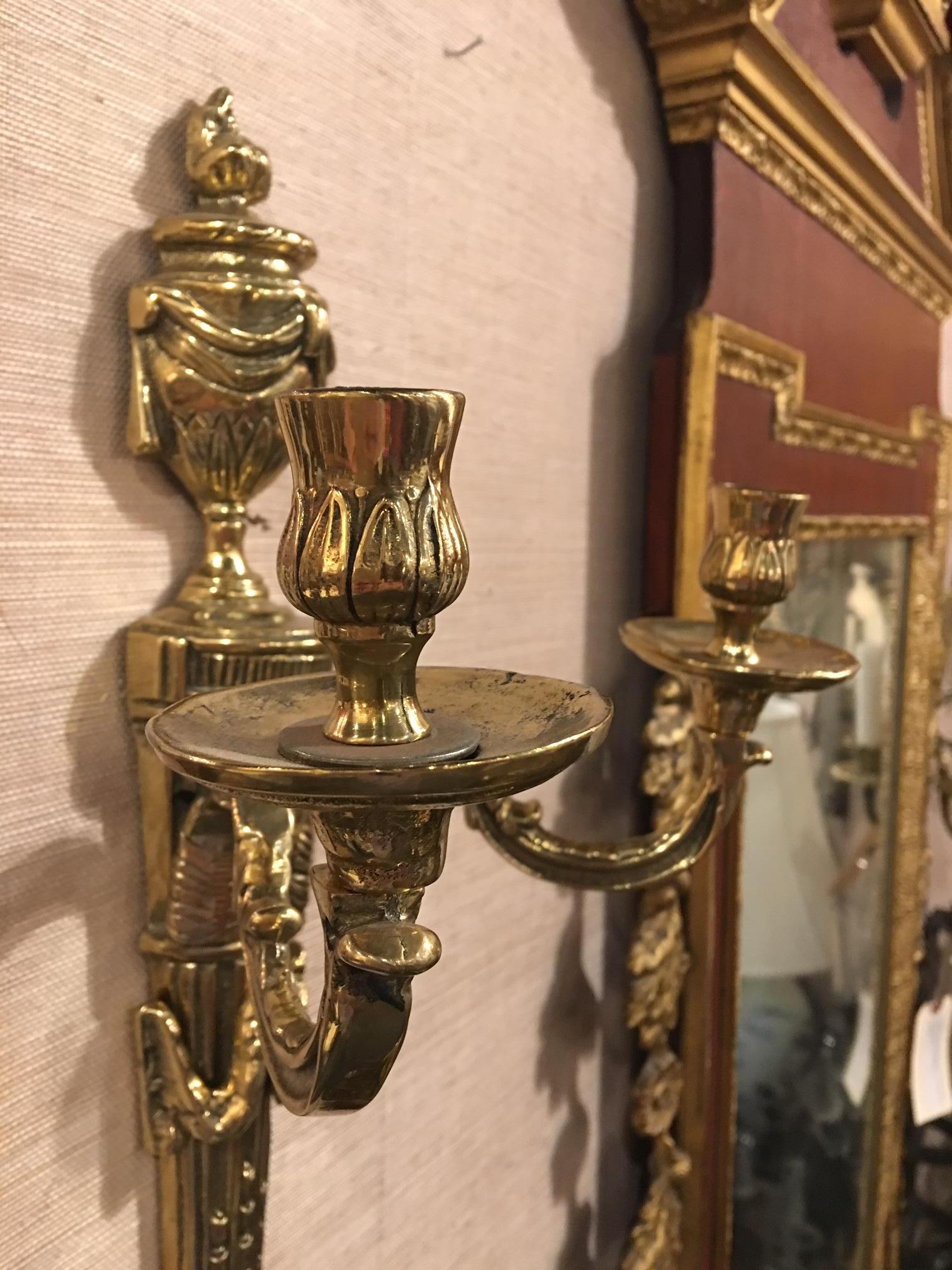 Louis XVI Style Cast Patinated Brass Two Candle Sconce, 19th Century In Good Condition In Savannah, GA