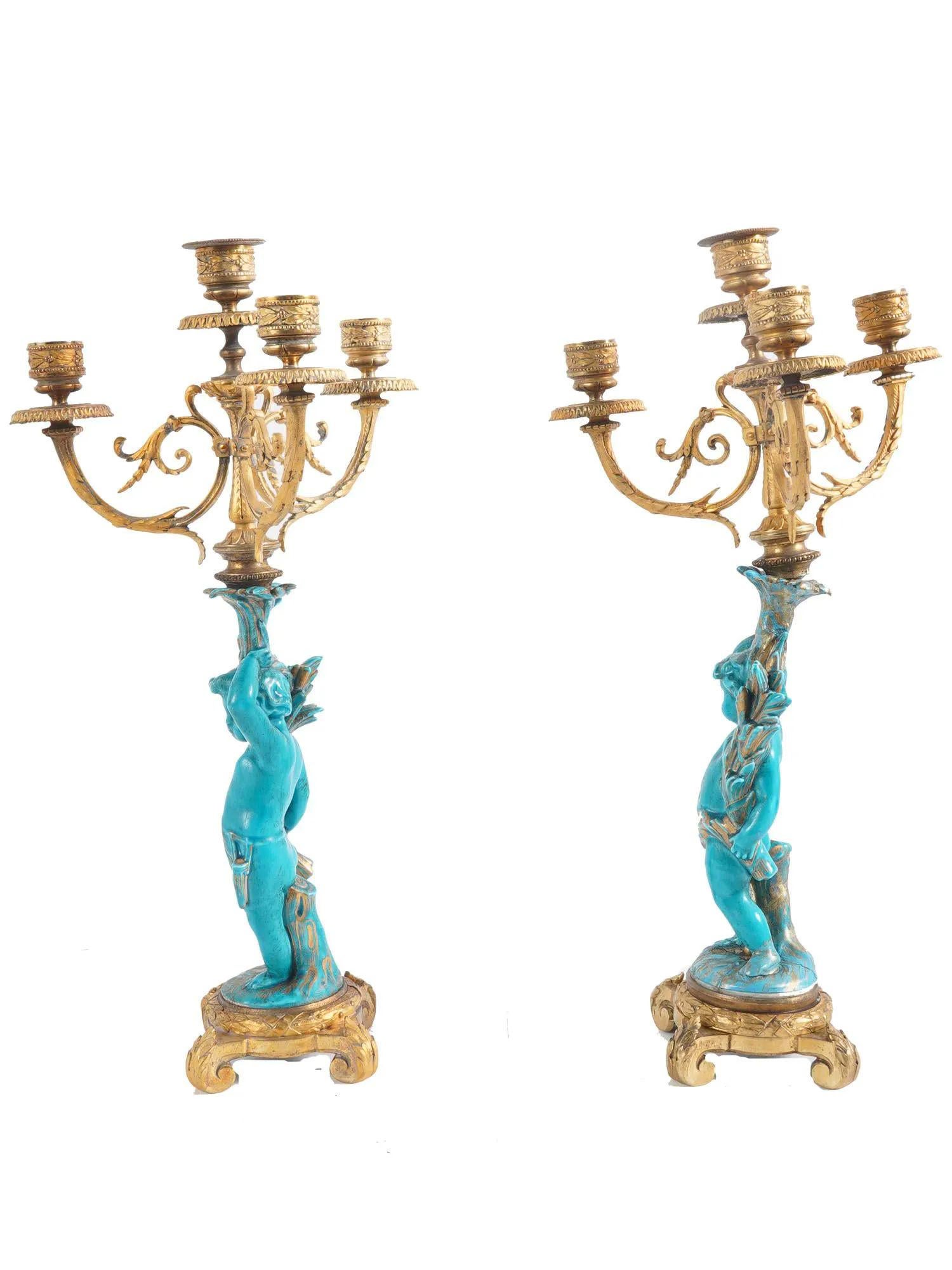 Louis XVI Style Celest Blue Sevres Porcelain and Bronze Putti Clock Set 4