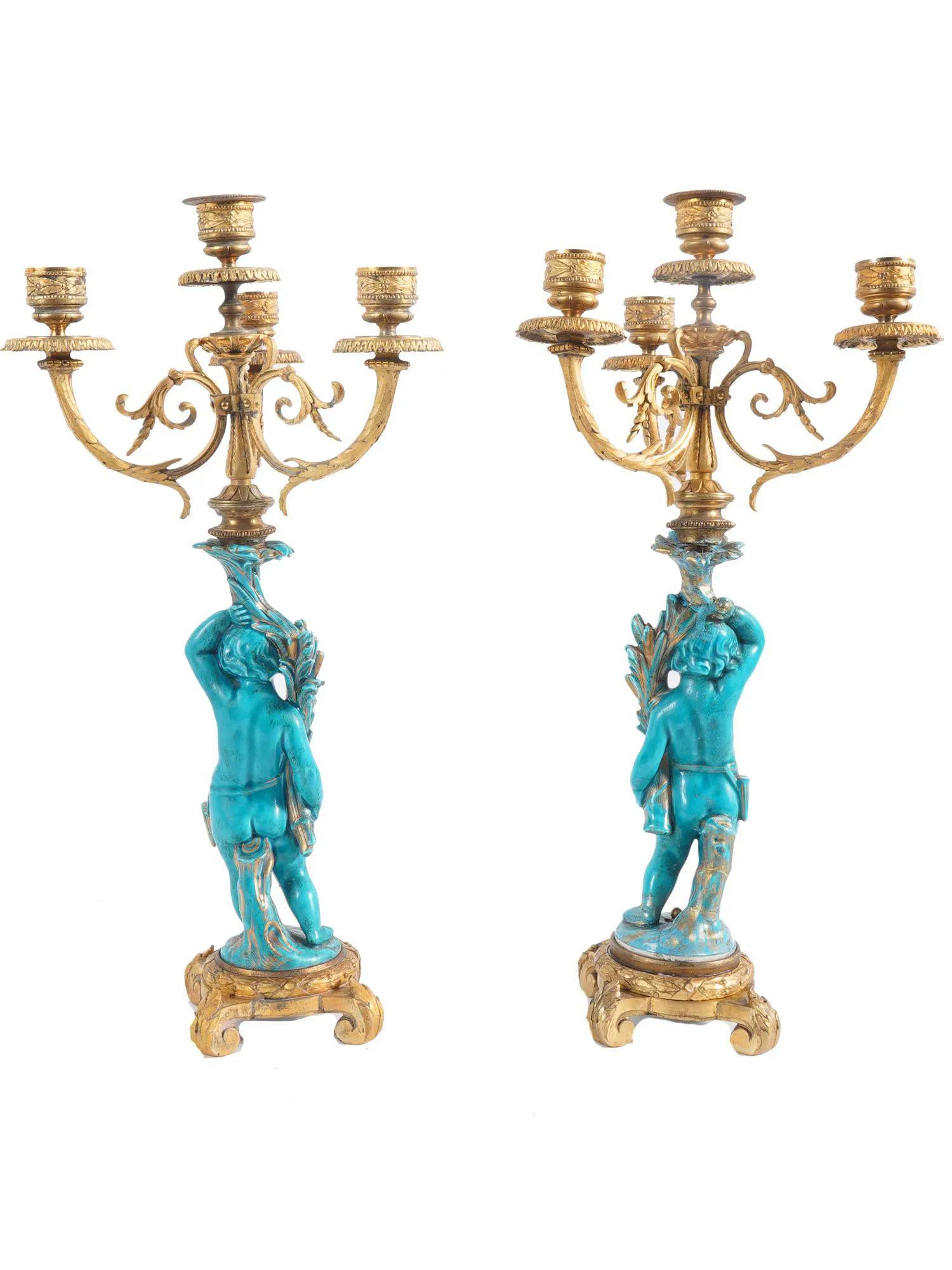 Louis XVI Style Celest Blue Sevres Porcelain and Bronze Putti Clock Set 5