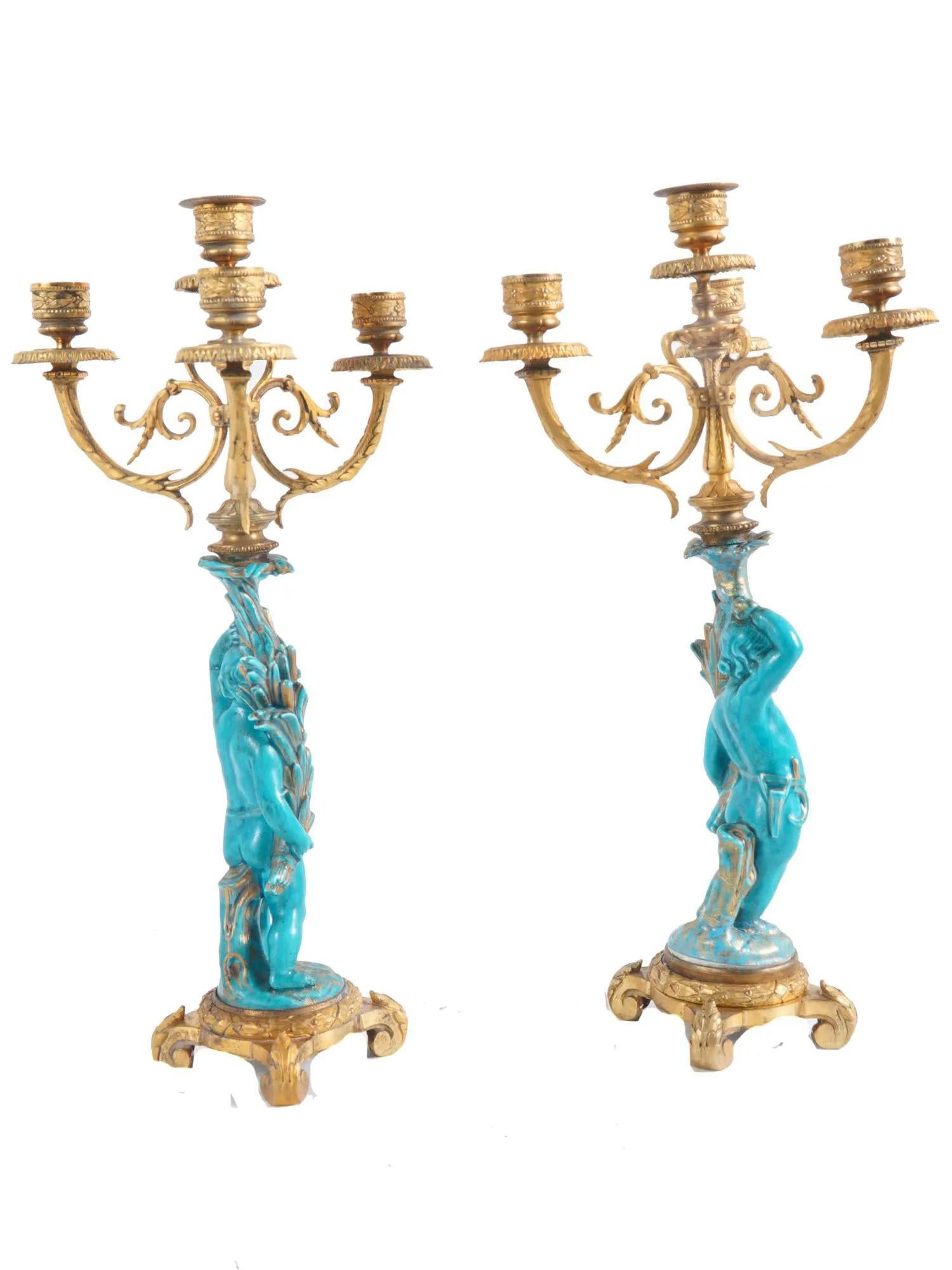 Louis XVI Style Celest Blue Sevres Porcelain and Bronze Putti Clock Set 6