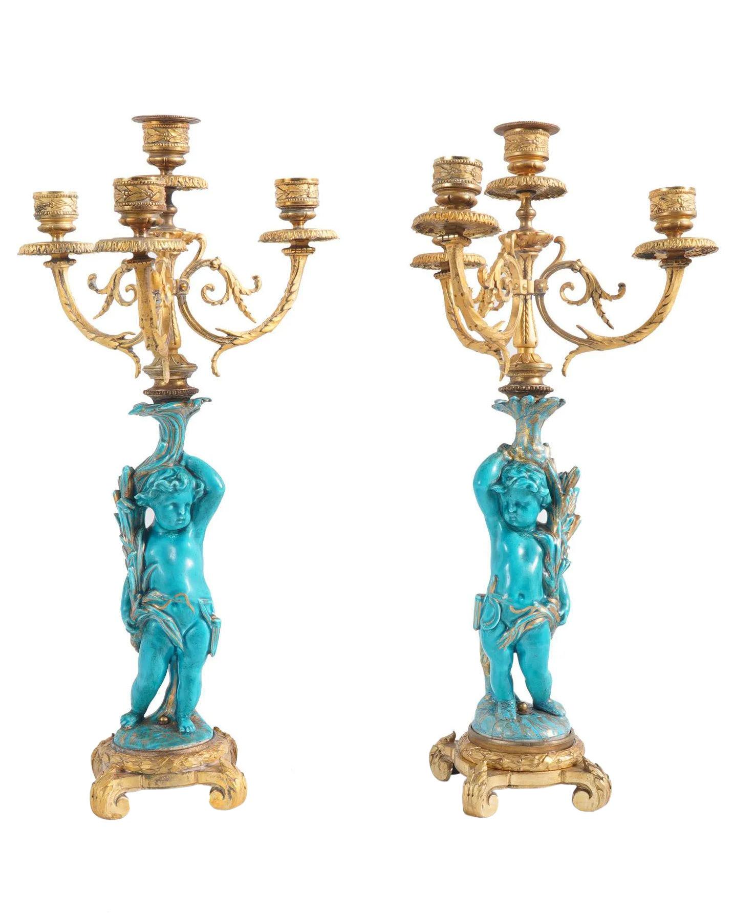 Gilt Louis XVI Style Celest Blue Sevres Porcelain and Bronze Putti Clock Set
