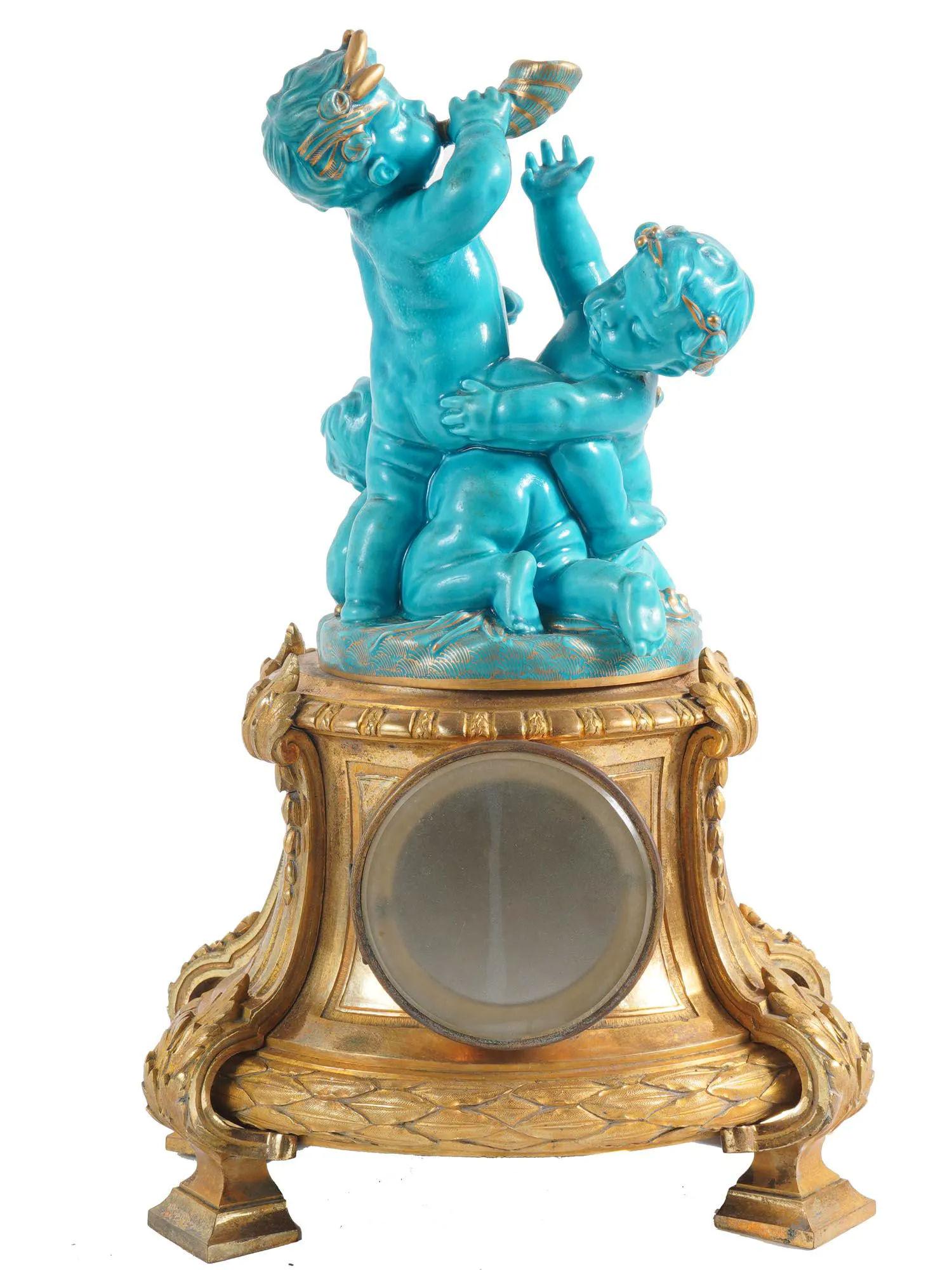 19th Century Louis XVI Style Celest Blue Sevres Porcelain and Bronze Putti Clock Set