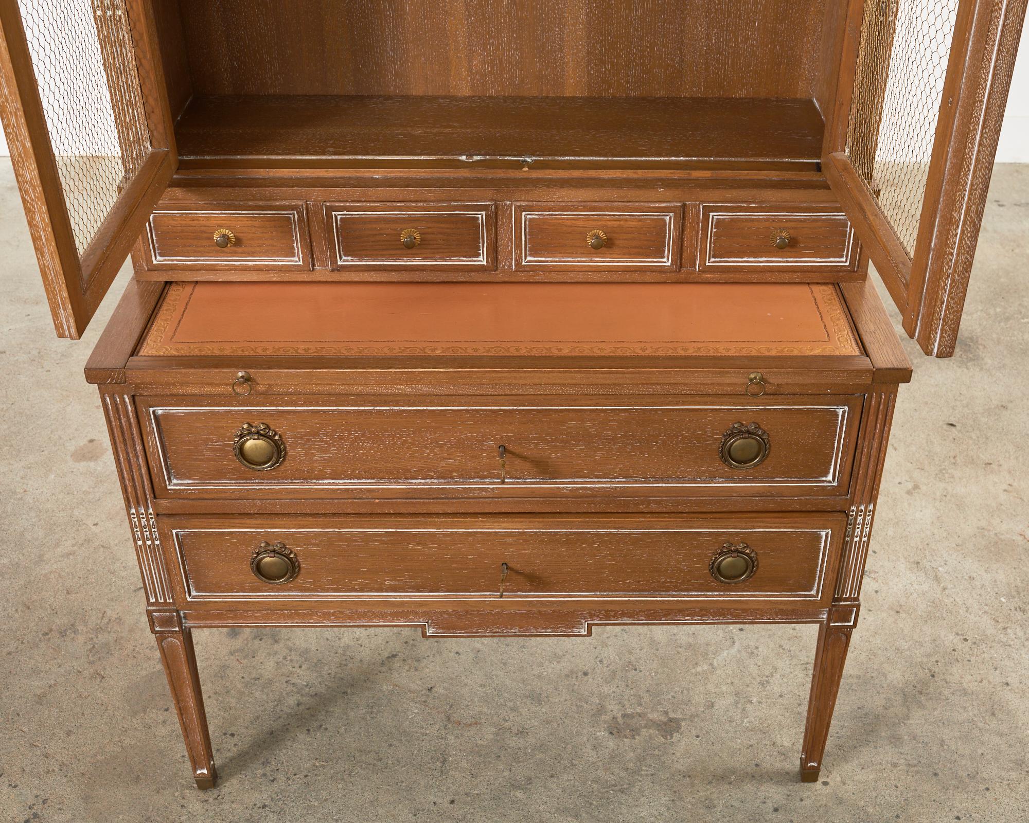 Brass Louis XVI Style Cerused Oak Secretary Bookcase Writing Table For Sale