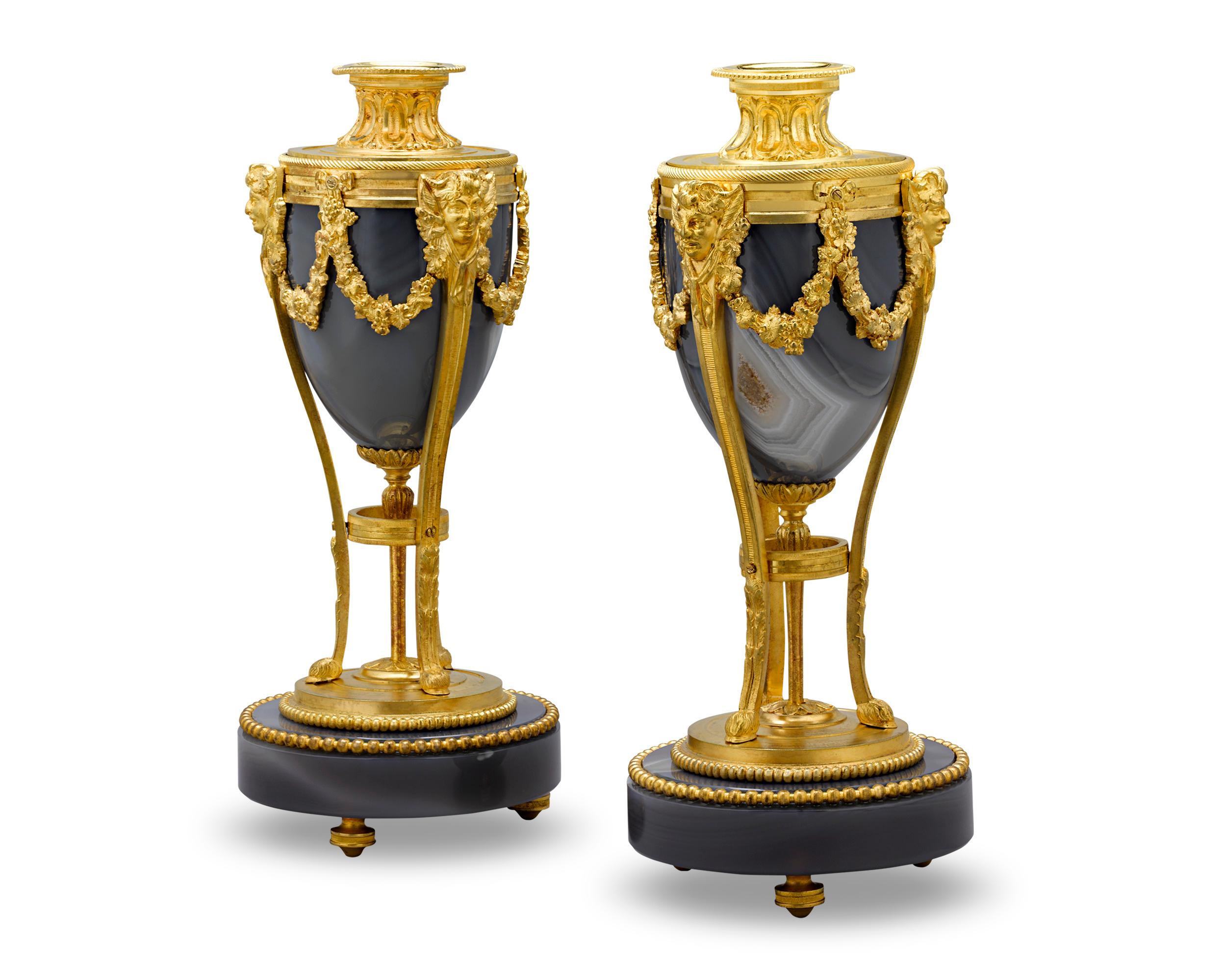 Louis XVI-Style Chalcedony and Gilt Bronze Cassolettes In Excellent Condition In New Orleans, LA