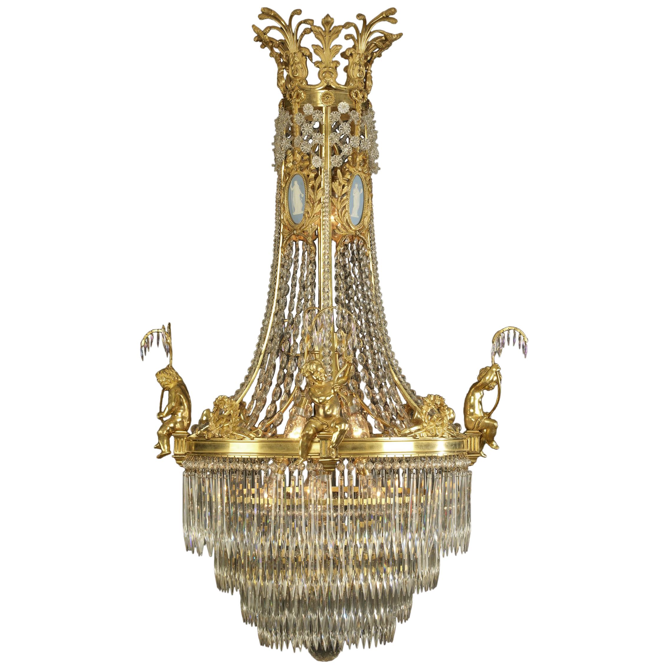 Louis XVI Style Chandelier with Wedgwood Style Porcelain Plaques, circa 1900 For Sale