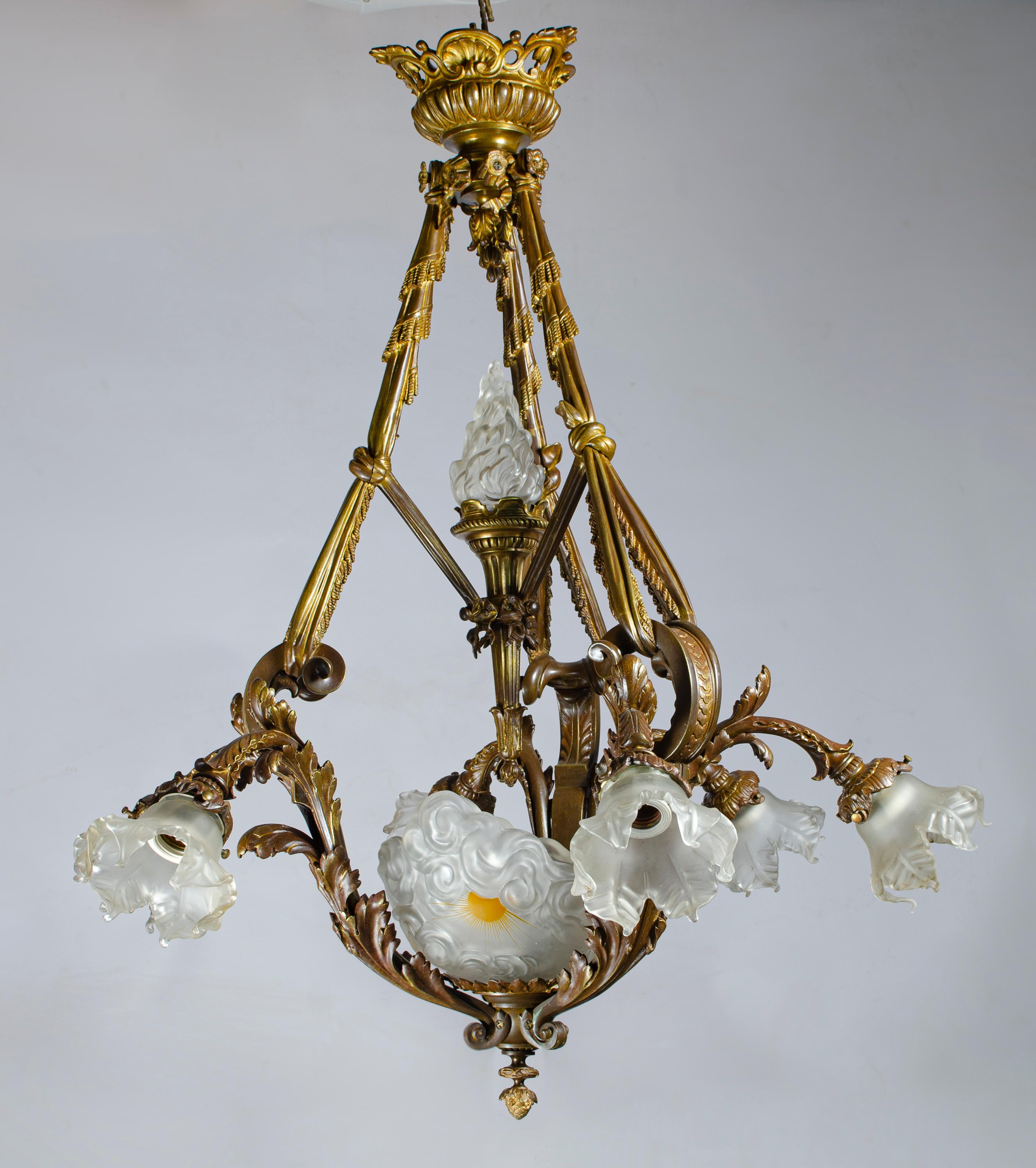 Louis XVI style chandeliere
Origin France Circa 1900
gilt bronze, in some places gilding has natural wear.
Electrified 220 W
It has a very rare and high quality central ceiling, possibly Baccarat.
It has 6 lights with original lampshades and
