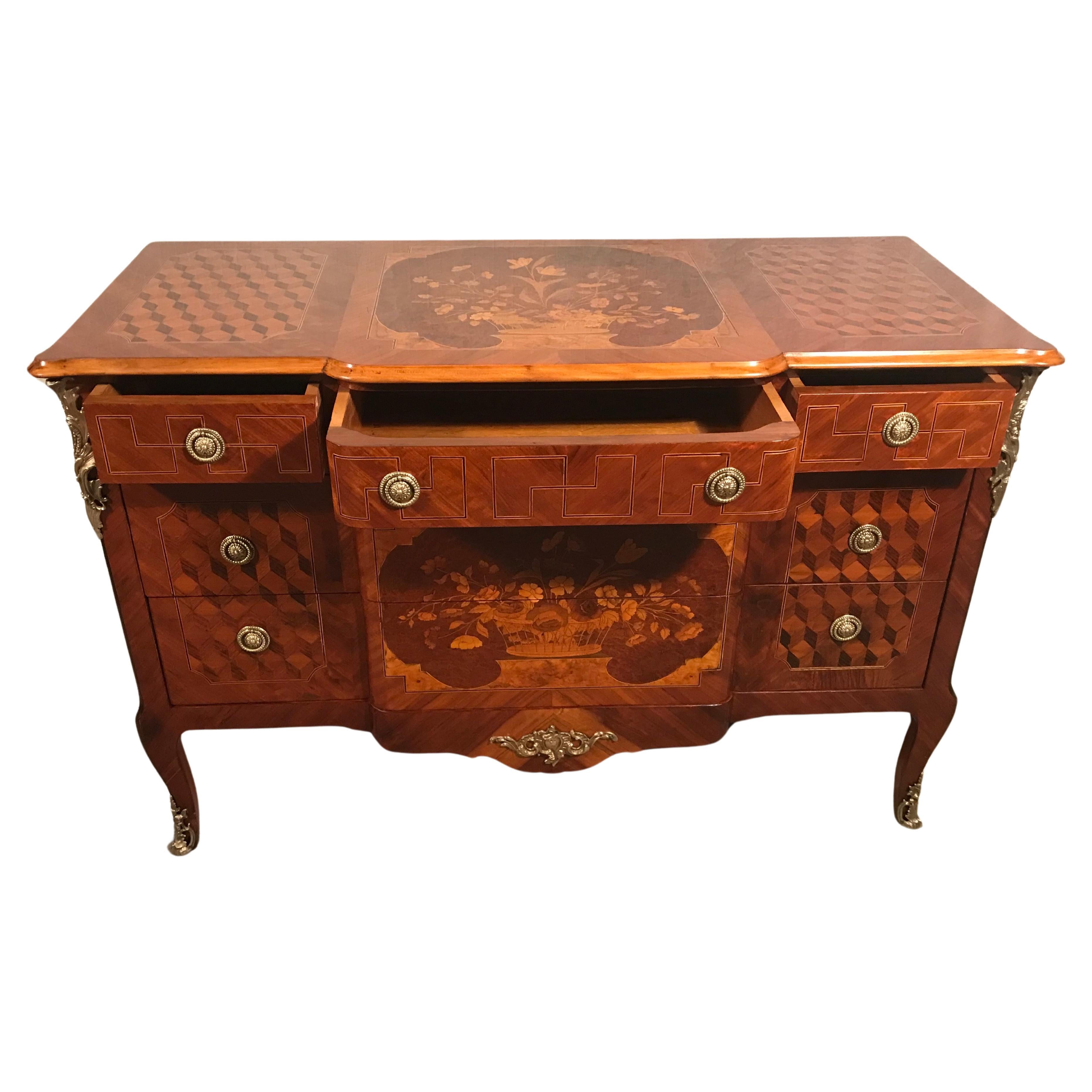Marquetry Louis XVI Style Chest of Drawers, France end of 19th century For Sale