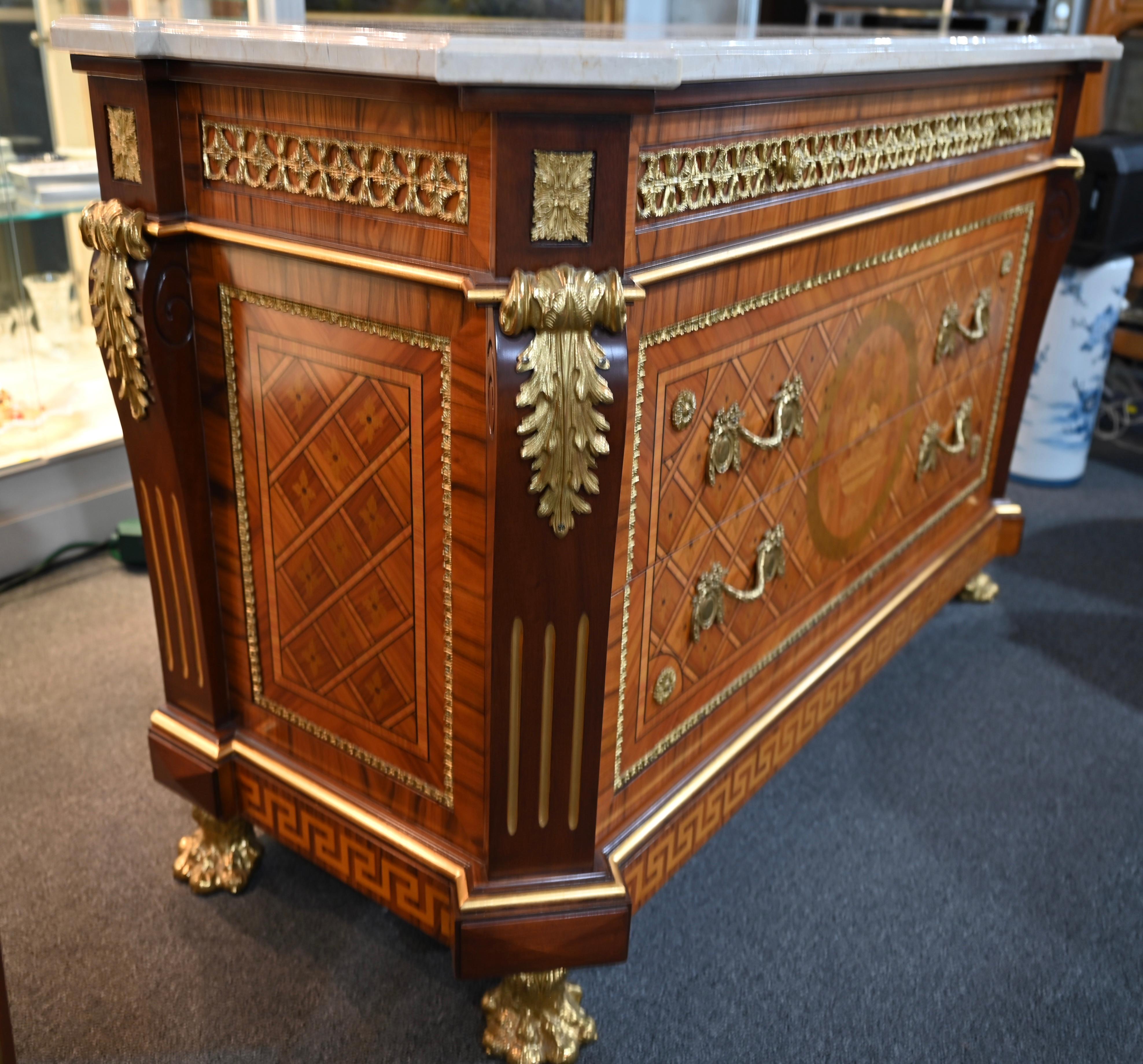 Bronze Louis XVI Style Ormolu Mounted Commode with Italian White Marble Top For Sale
