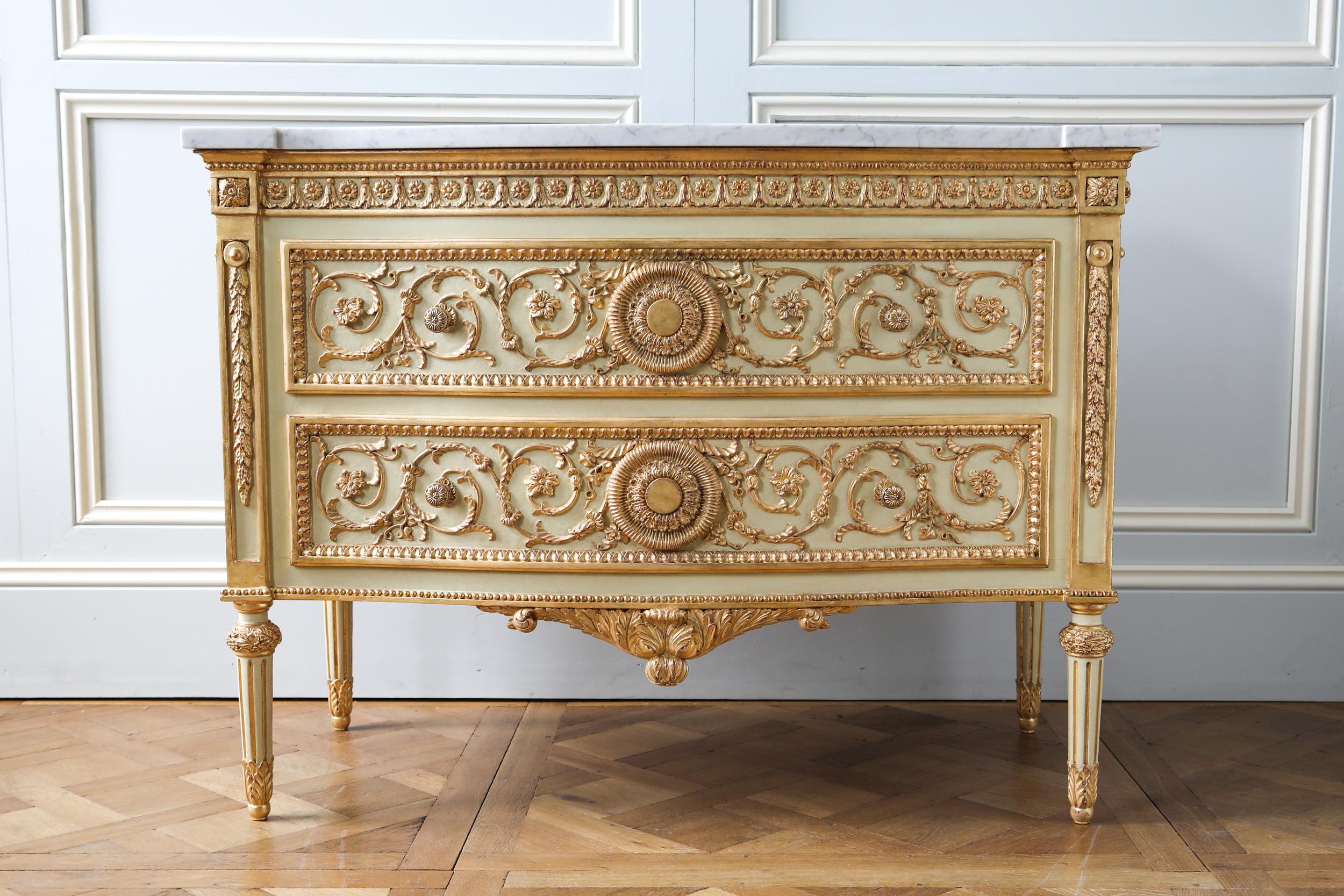 British Louis XVI Style Chest of Drawers Painted with Gold Highlights