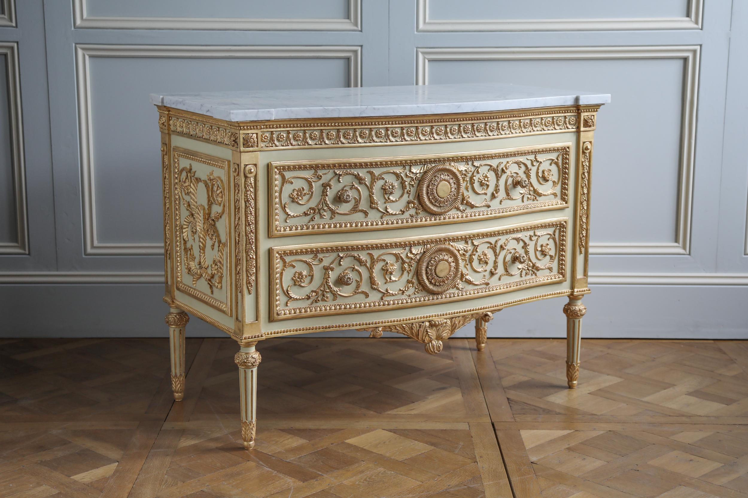 Hand-Carved Louis XVI Style Chest of Drawers Painted with Gold Highlights