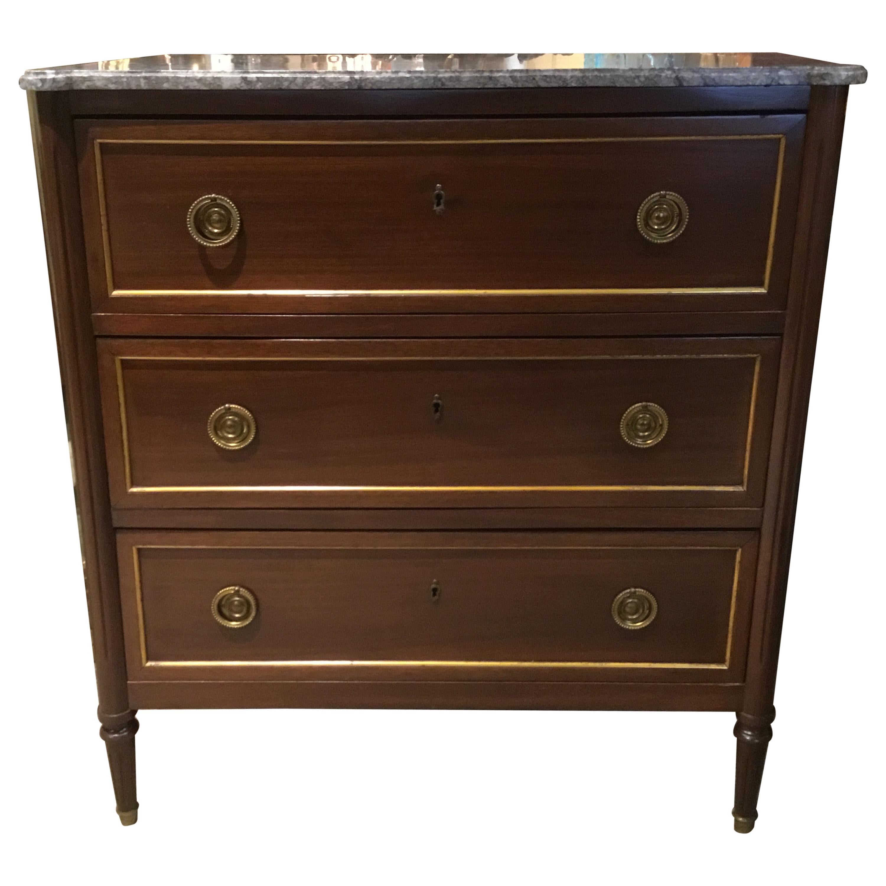 Louis XVI Style Chest of Drawers with Gray Marble Top and Three Drawers