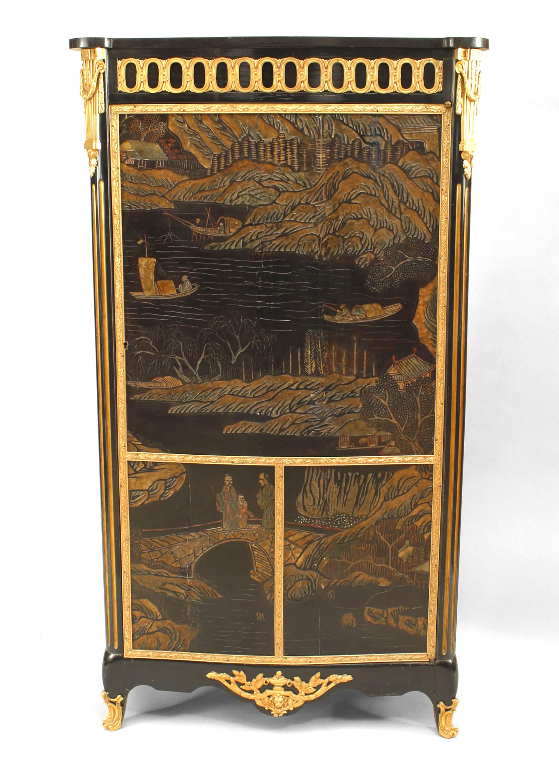 French Louis XVI style (19th Century) narrow single door cabinet with ebonized carved coromandel chinoiserie decoration and gilt bronze trim with a marble top
