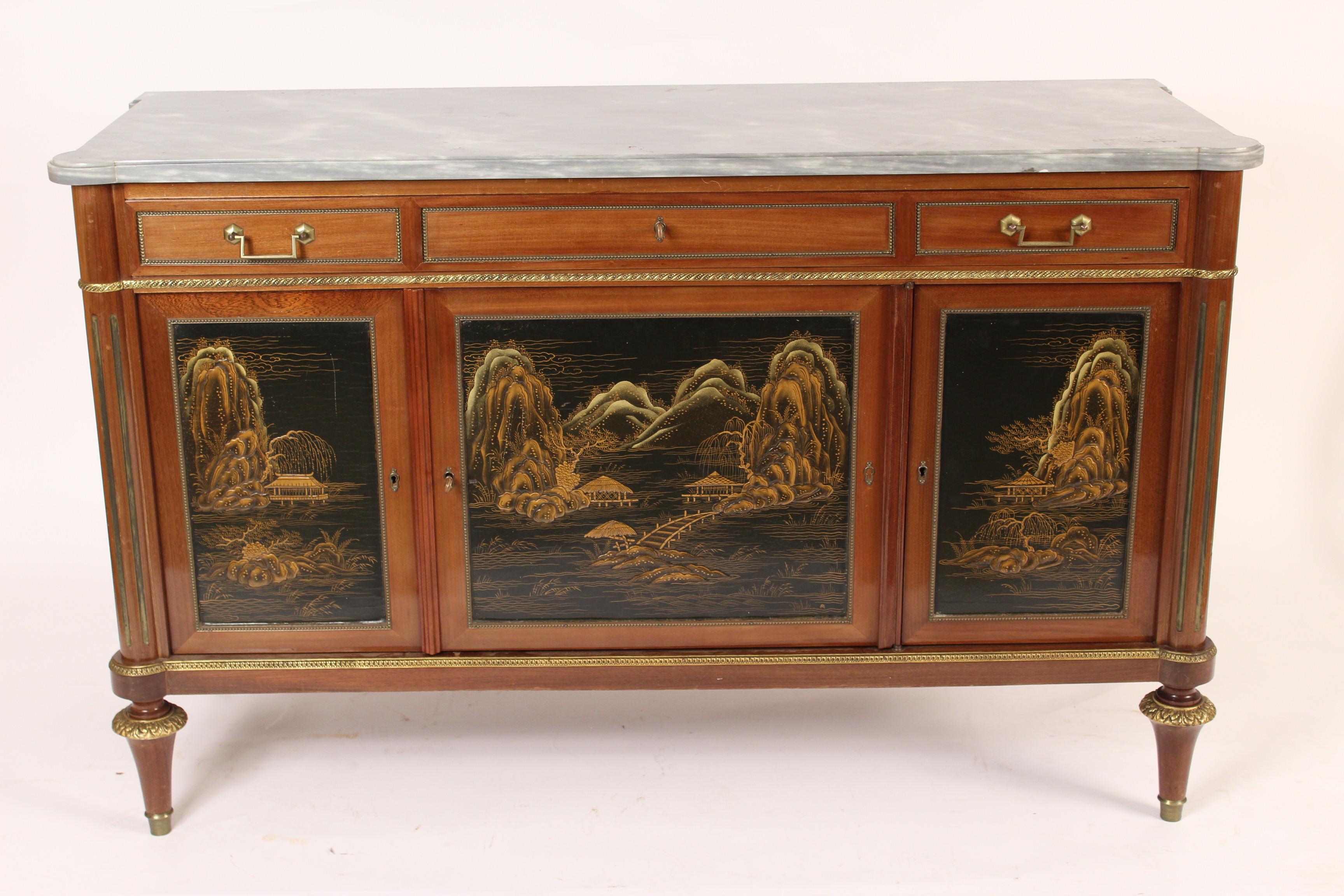 Louis XVI style mahogany buffet with raised chinoiserie decorations, gilt bronze mounts and a marble top, mid-20th century.