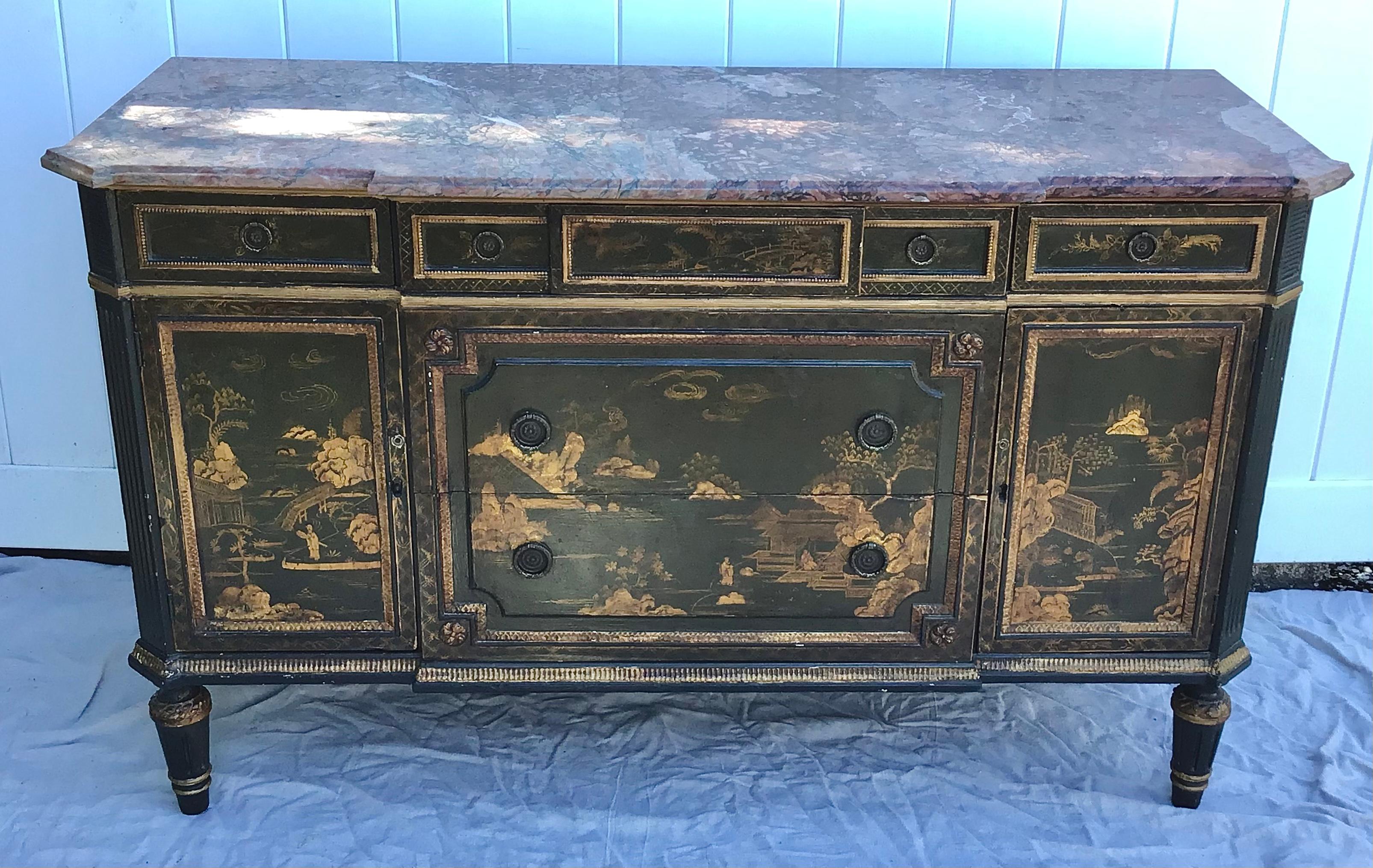 Louis XVI style chinoiserie decorated Commode with a shaped marble top above a frieze drawer above two further drawers. A top drawer above cabinet doors on either sides, depicting Chinese figural scenes, landscapes, animals and plants, the panelled