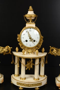 Louis XVI Style Clock Garniture, Gilt Bronze Marble, 19th Century