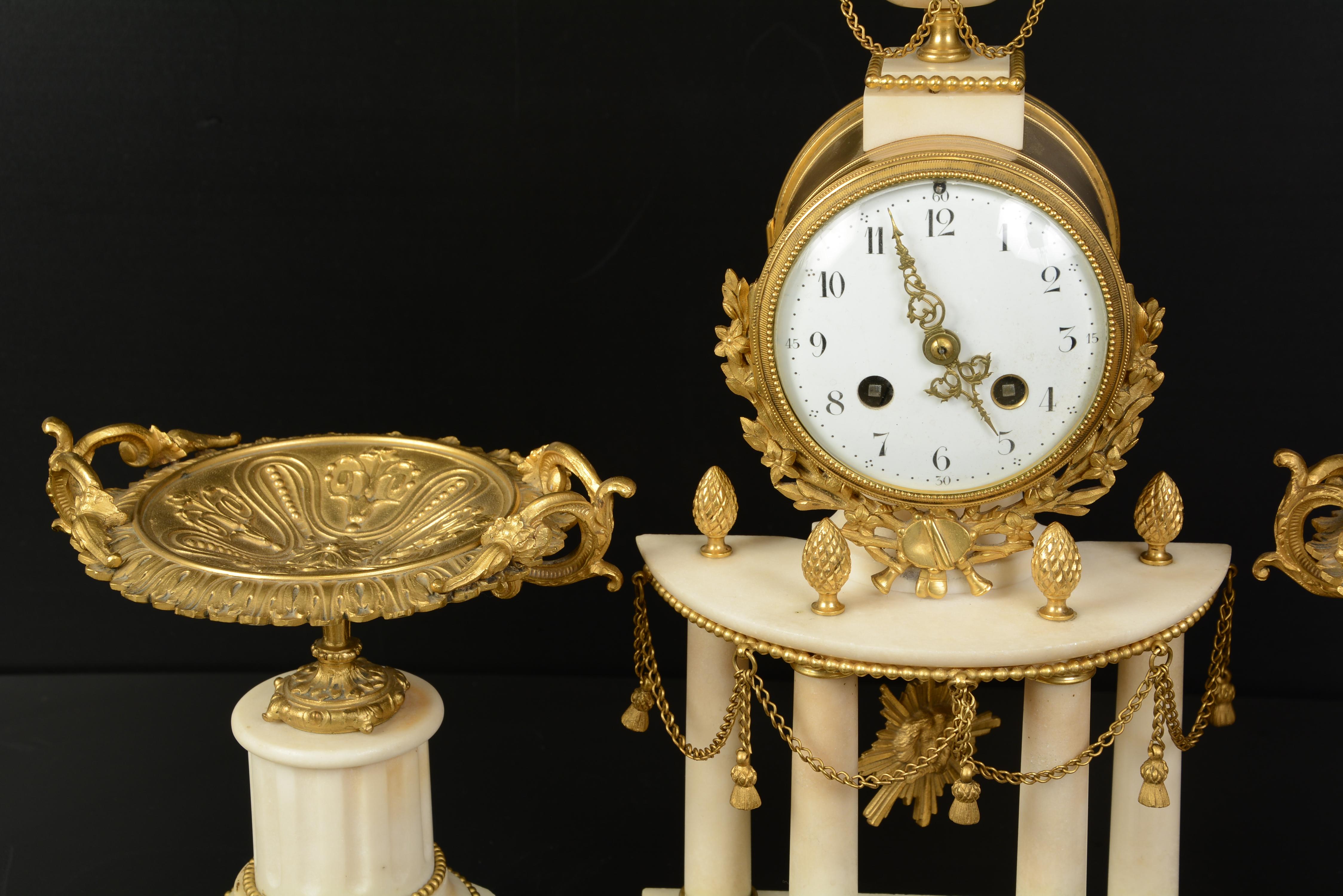 French Louis XVI Style Clock Garniture, Gilt Bronze Marble, 19th Century For Sale