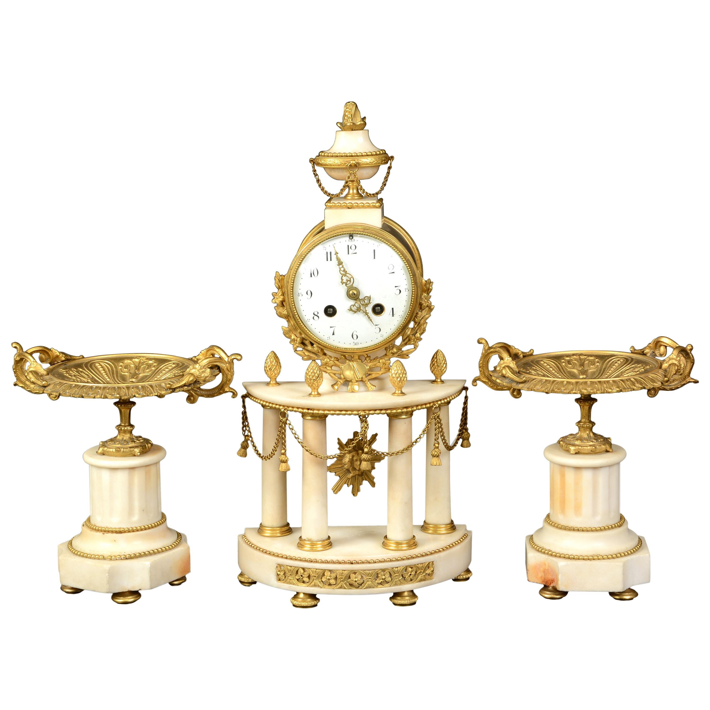 Louis XVI Style Clock Garniture, Gilt Bronze Marble, 19th Century