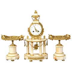 Used Louis XVI Style Clock Garniture, Gilt Bronze Marble, 19th Century