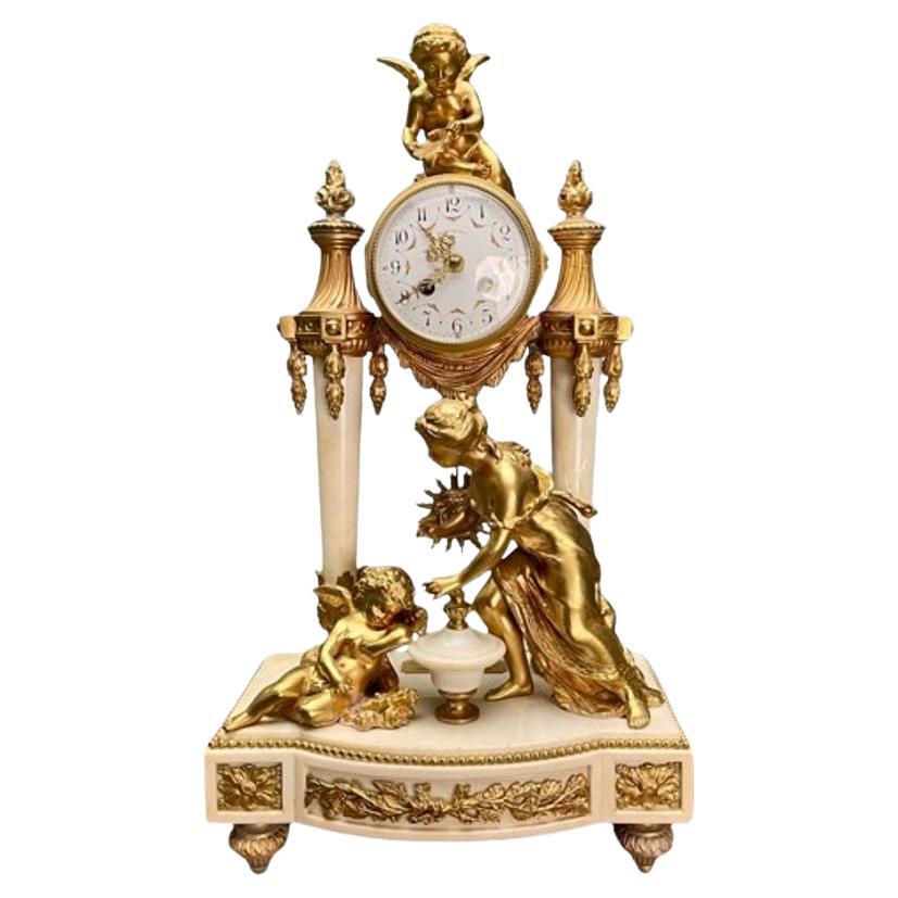 Uhren-Garnitur im Louis-XVI.-Stil, vergoldete Bronze, Marmor, Frankreich, 1920er Jahre