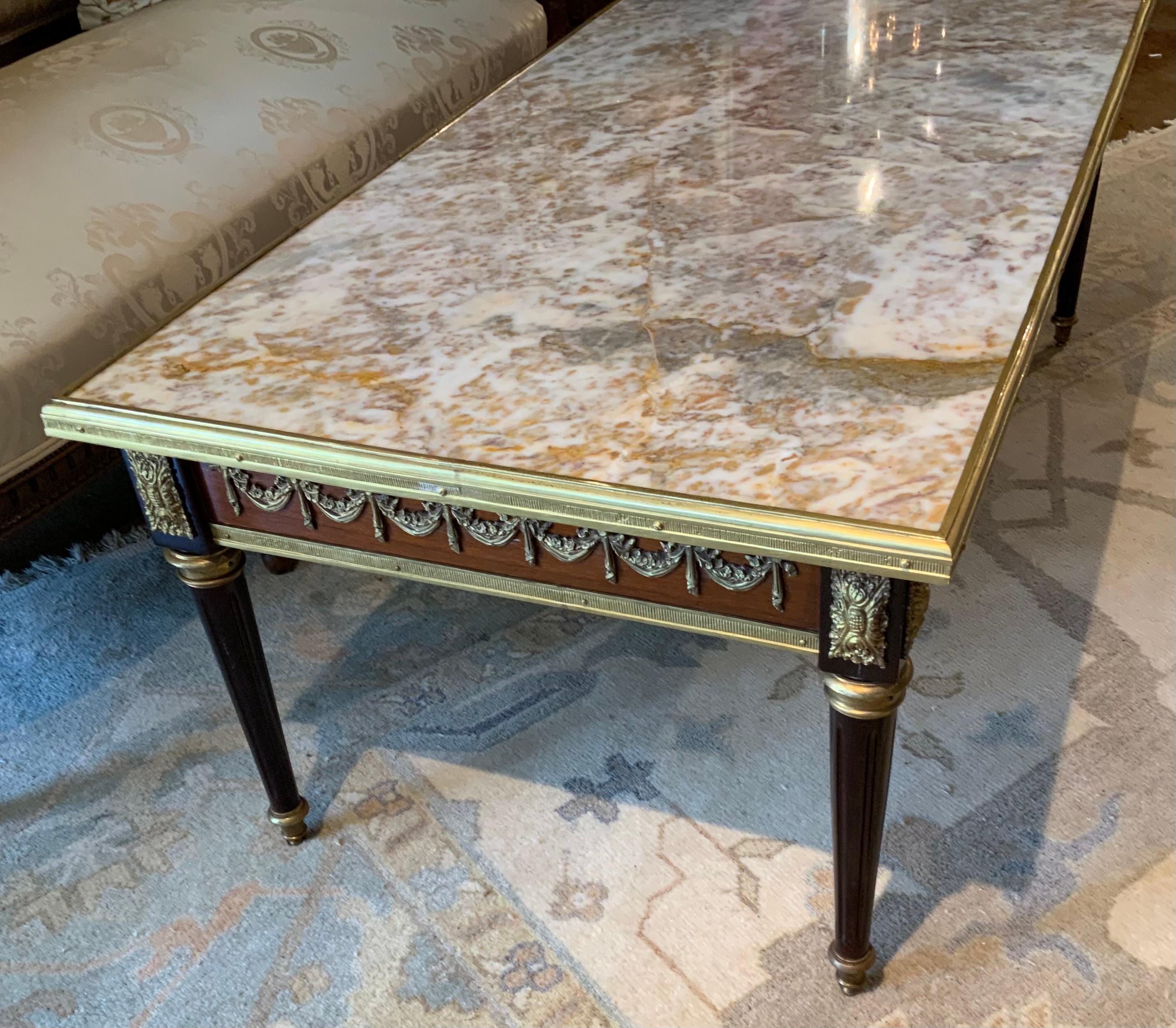 French Louis XVI-Style coffee table with marble top and ormolu mounts For Sale