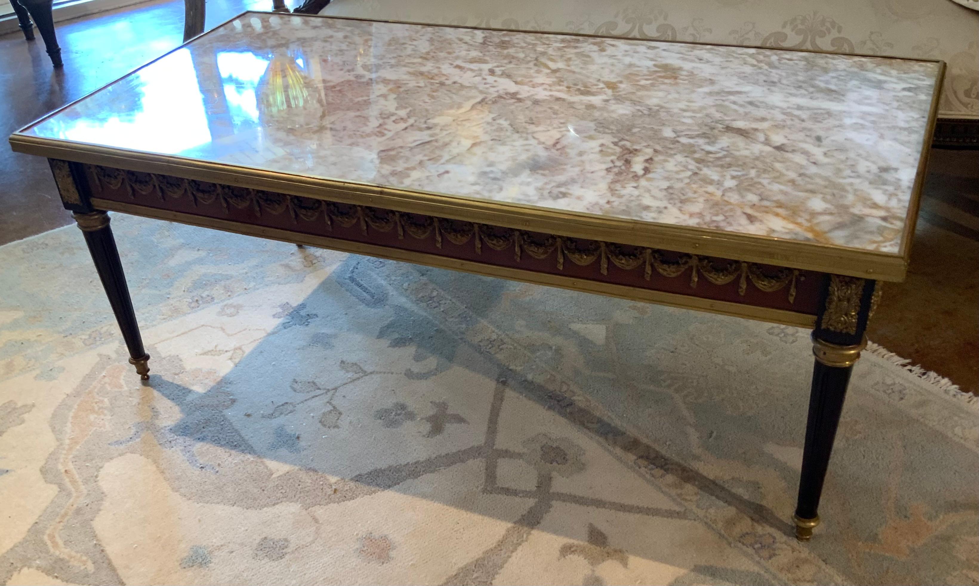 Marble Louis XVI-Style coffee table with marble top and ormolu mounts For Sale