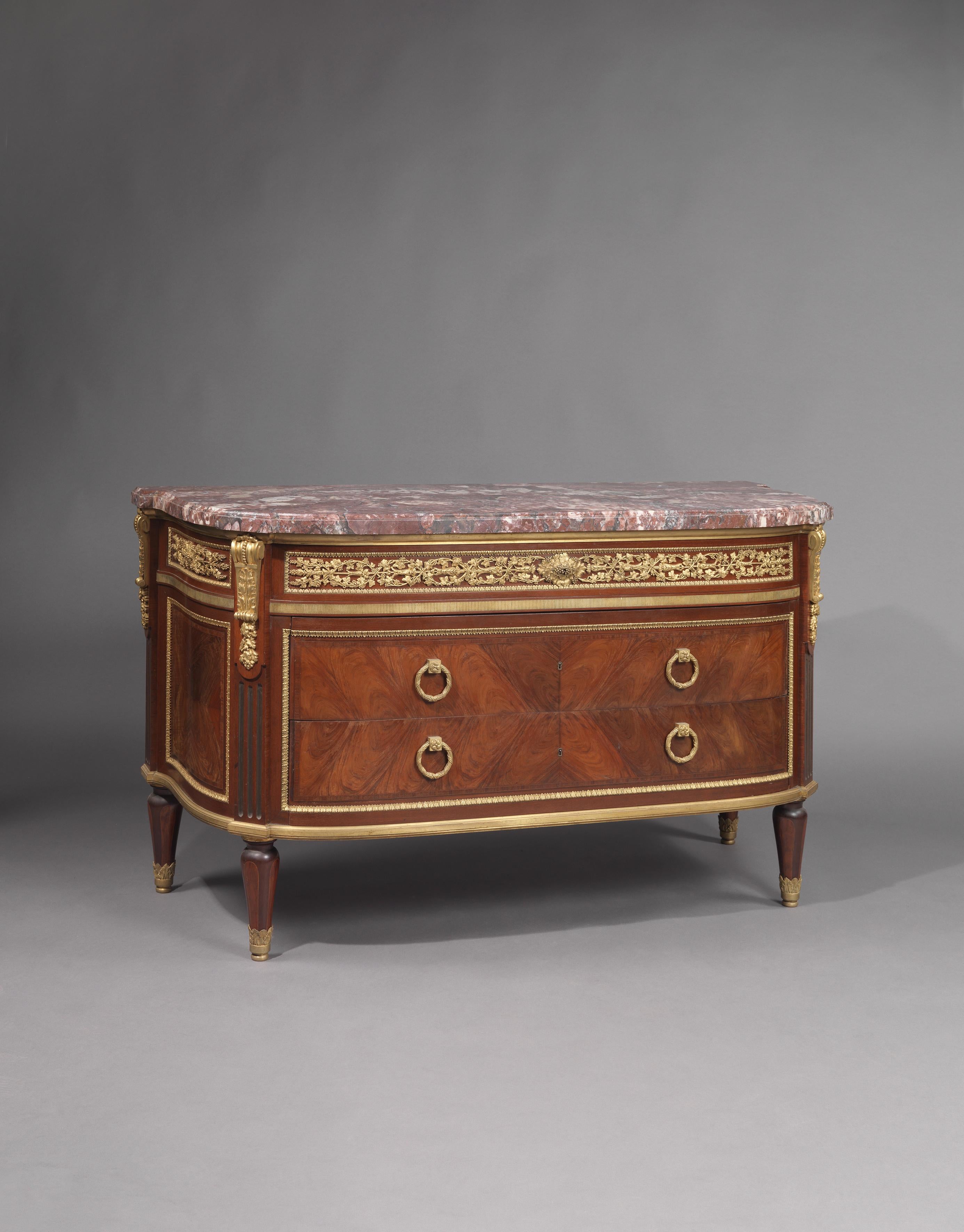 An important Louis XVI style gilt bronze-mounted commode, after the model by Jean-Francois Leleu by François Linke.

French, circa 1910.

Linke index number: 1127.
Linke title: 'Commode Louis XVI, Bois d'amarante et de rose.'
Signed ‘Linke’ to