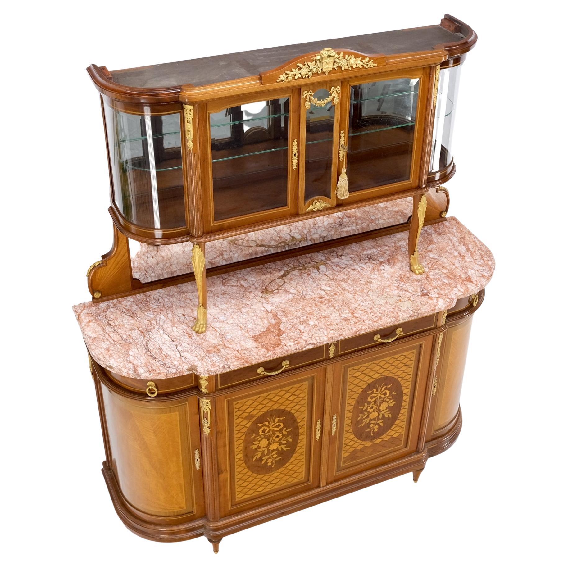 Louis XVI Style Commode Bronze Ormolu-Mounted Vitrine Buffet Sideboard. Marble top two part French cabinet
Curved beveled glass vitrine. Outstanding inlay work. C.1920s piece in mint condition.