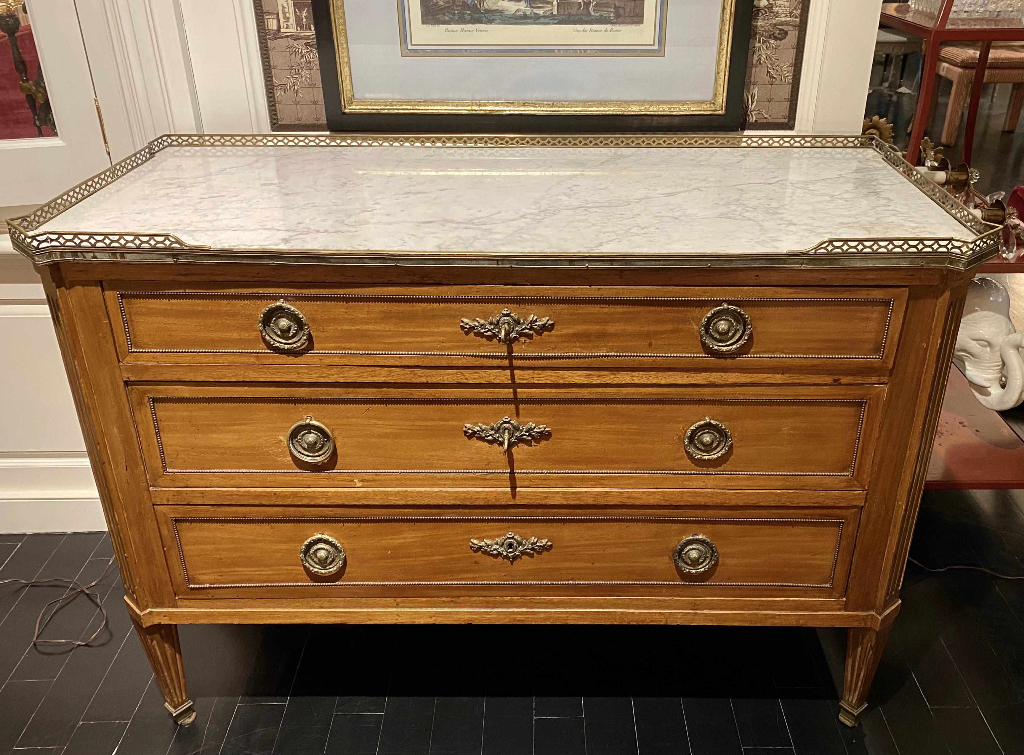 Louis XVI Style Commode Dresser, Marble-Top with Bronze Frieze, Pale Golden Wood For Sale 4