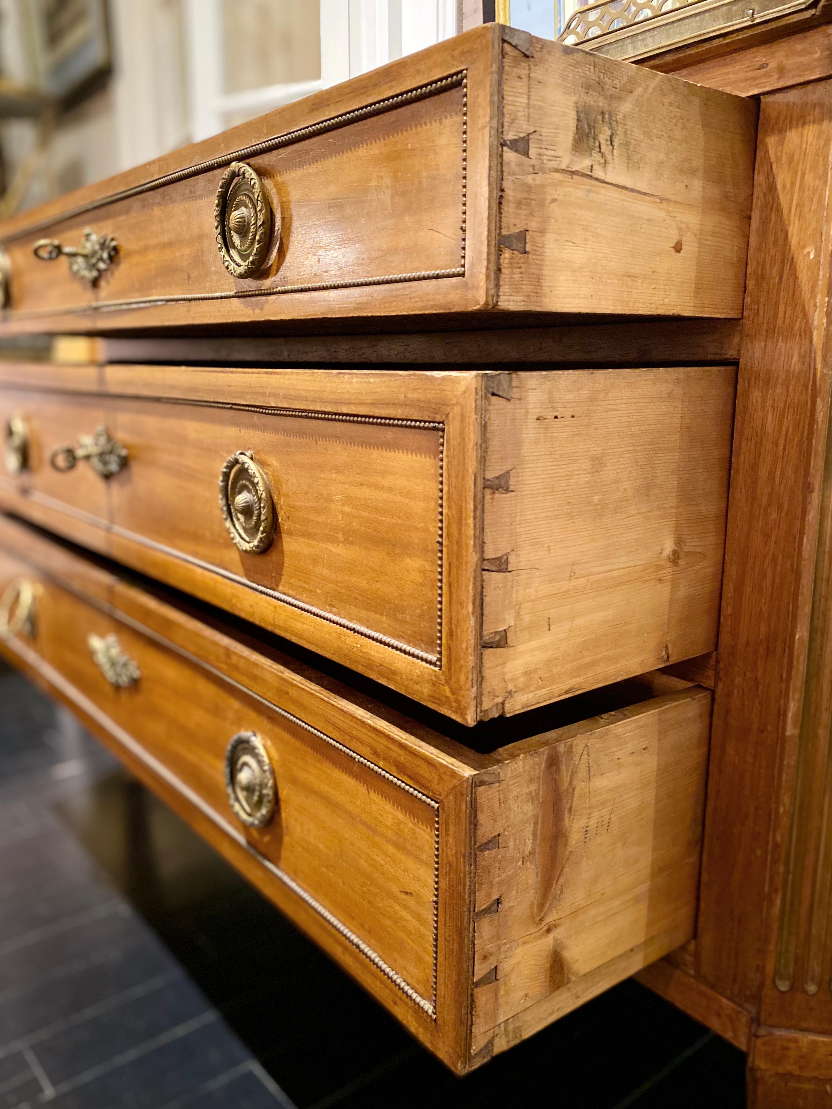 Patinated Louis XVI Style Commode Dresser, Marble-Top with Bronze Frieze, Pale Golden Wood For Sale