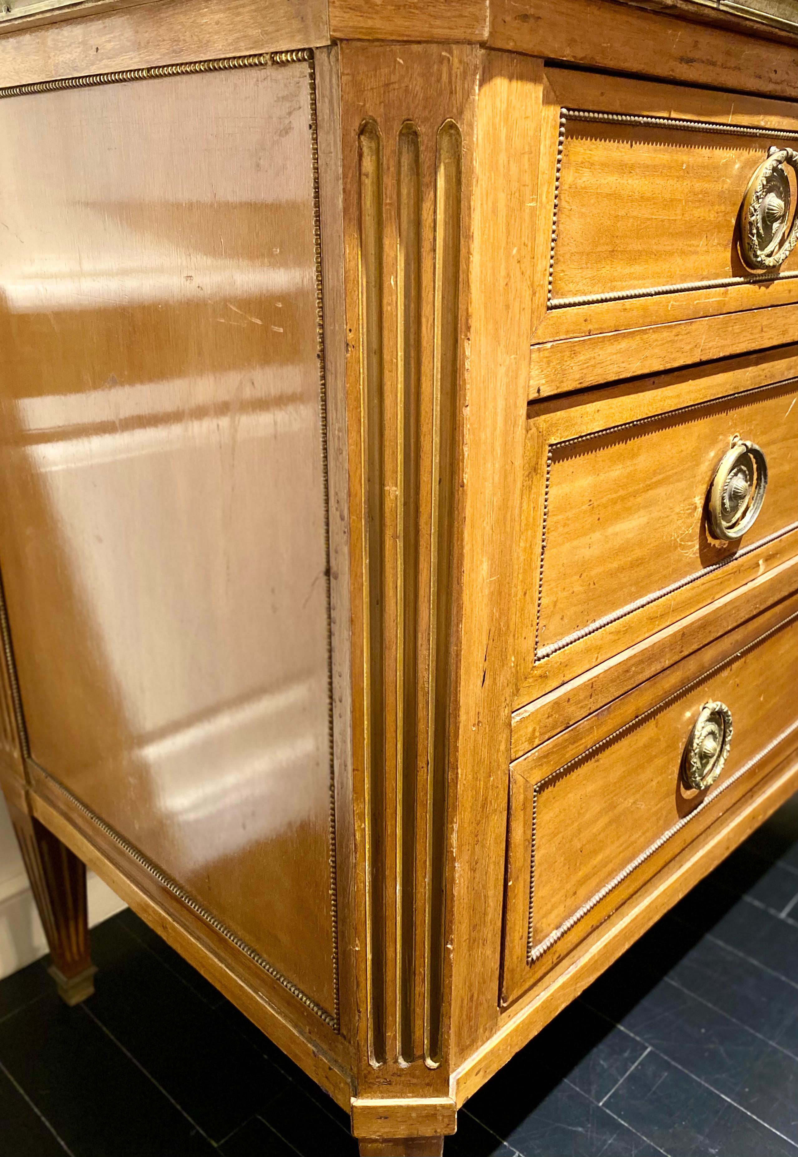 Louis XVI Style Commode Dresser, Marble-Top with Bronze Frieze, Pale Golden Wood For Sale 1