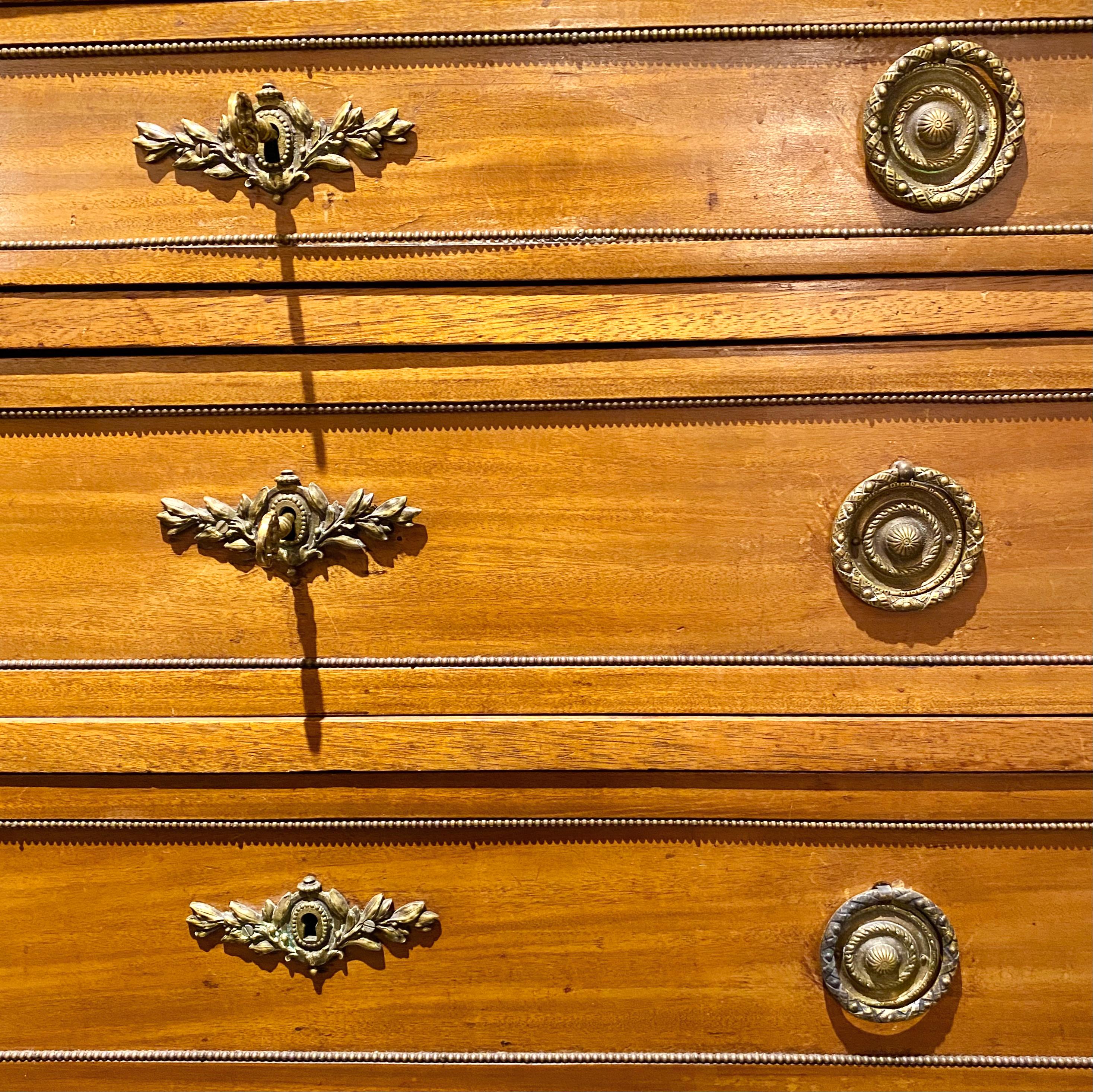 Louis XVI Style Commode Dresser, Marble-Top with Bronze Frieze, Pale Golden Wood For Sale 2