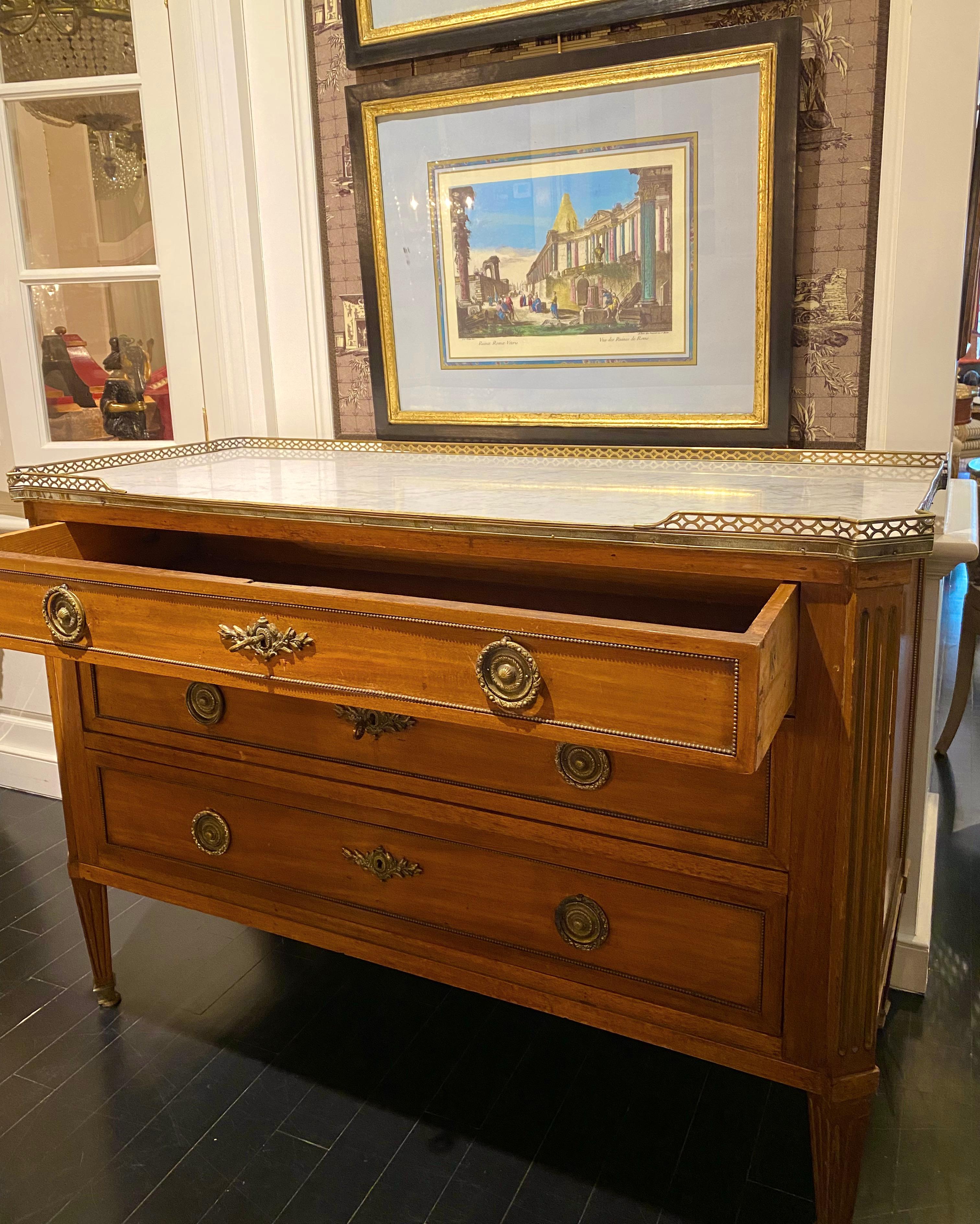 Louis XVI Style Commode Dresser, Marble-Top with Bronze Frieze, Pale Golden Wood For Sale 3