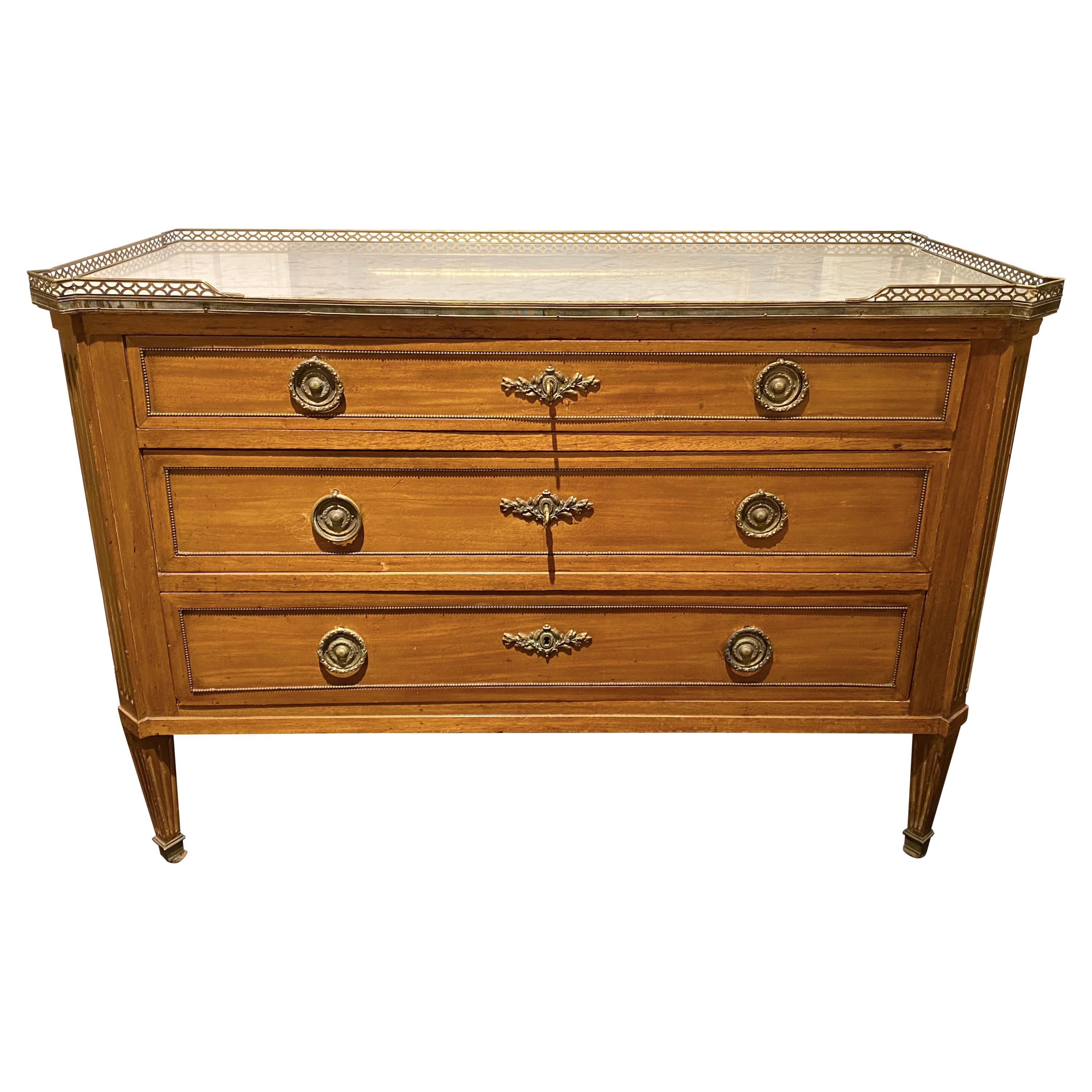 Louis XVI Style Commode Dresser, Marble-Top with Bronze Frieze, Pale Golden Wood For Sale