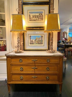 Louis XVI Style Commode Dresser, Marble-Top with Bronze Frieze, Pale Golden Wood