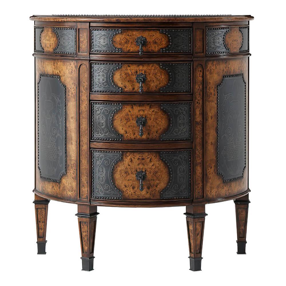 A French Louis XVI poplar burl and brass engraved panel bowfront chest of drawers, with four graduating drawers and square tapering legs with brass cap feet.

Dimensions: 30