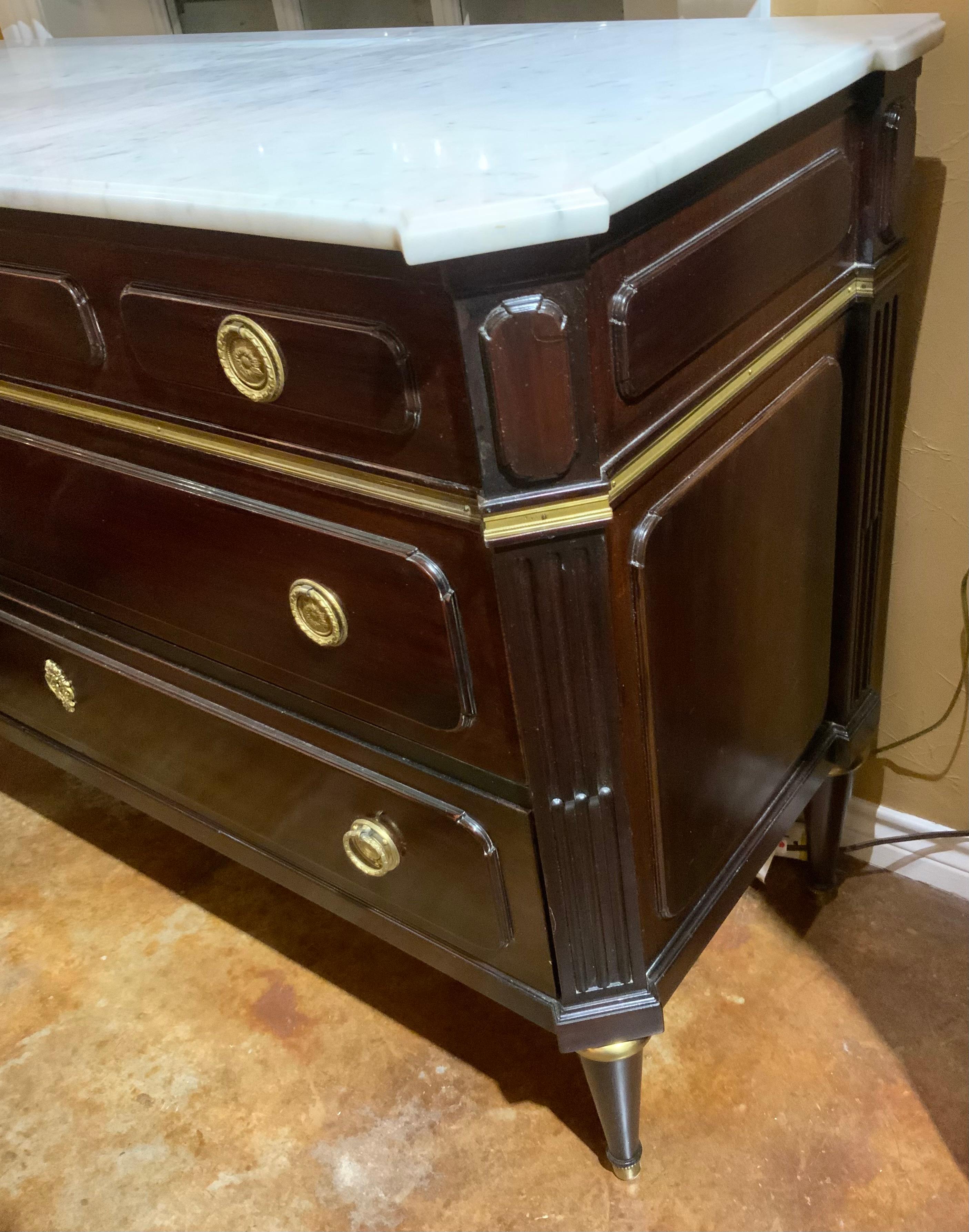 Louis XVI Style commode, mahogany with white marble top 19 th c For Sale 4