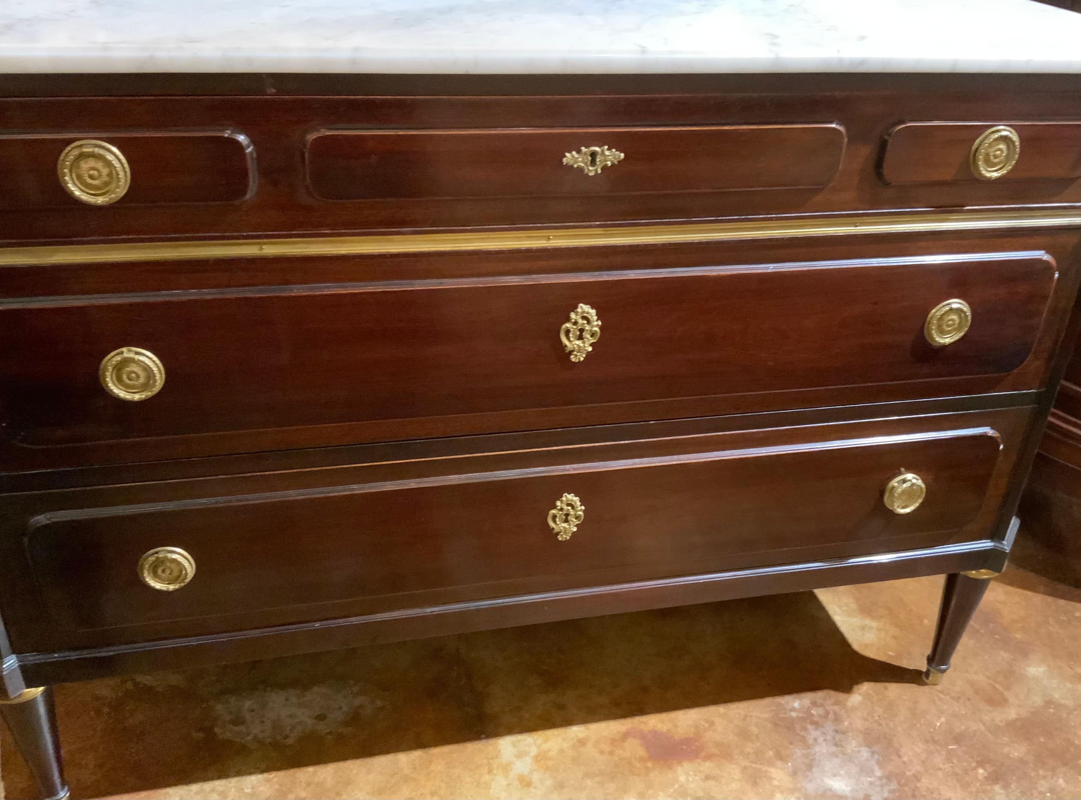 19th Century Louis XVI Style commode, mahogany with white marble top 19 th c For Sale