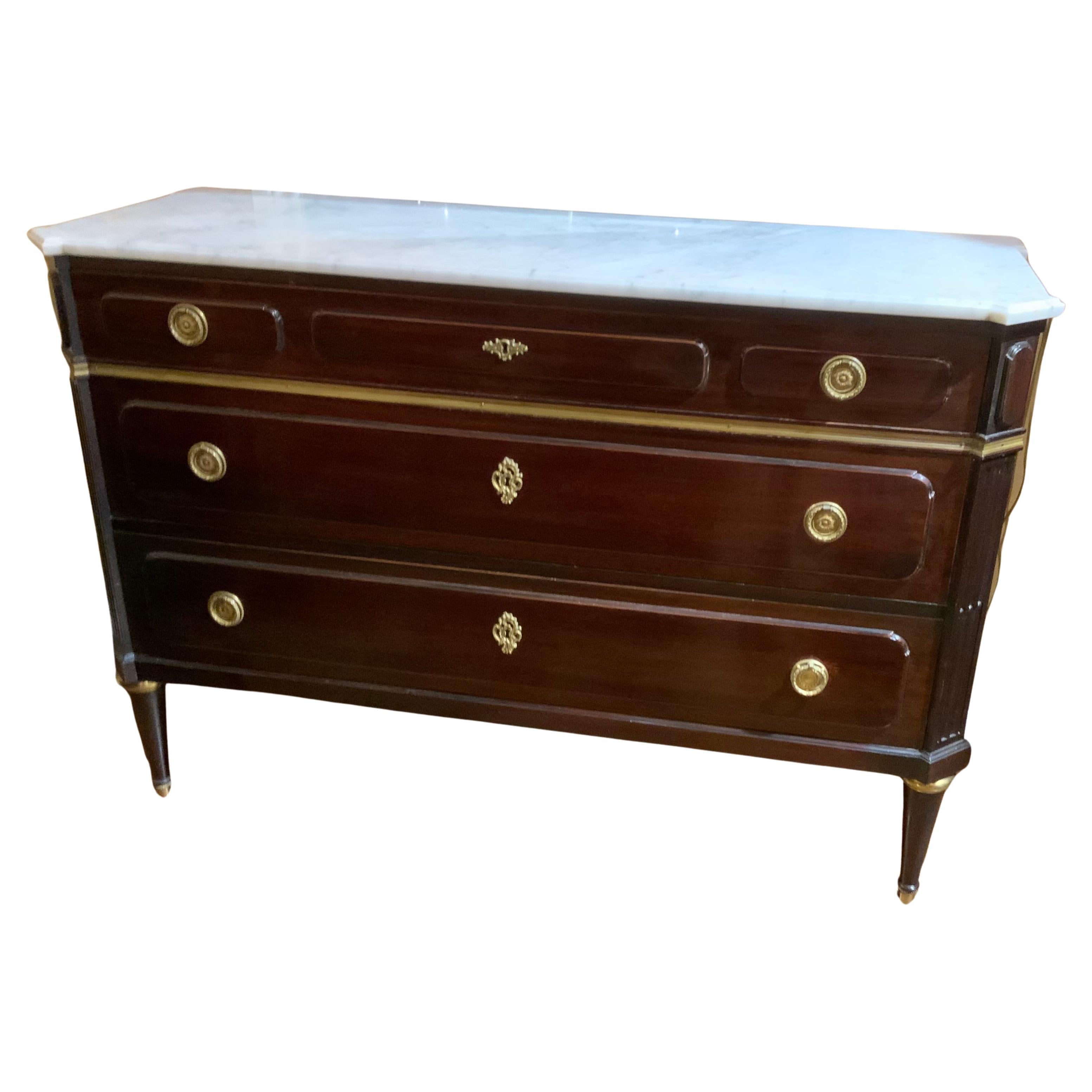 Louis XVI Style commode, mahogany with white marble top 19 th c For Sale