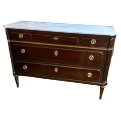 Antique Louis XVI Style commode, mahogany with white marble top 19 th c