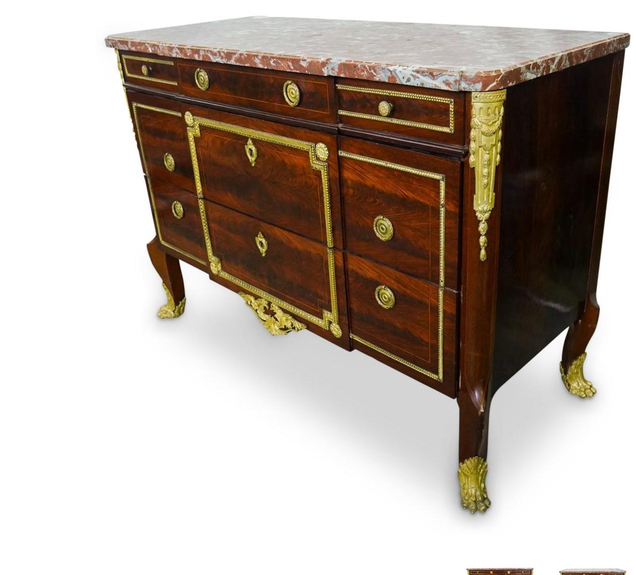 Francese Commode in stile Luigi XVI in bronzo ormolato, Wood e piano in marmo in vendita