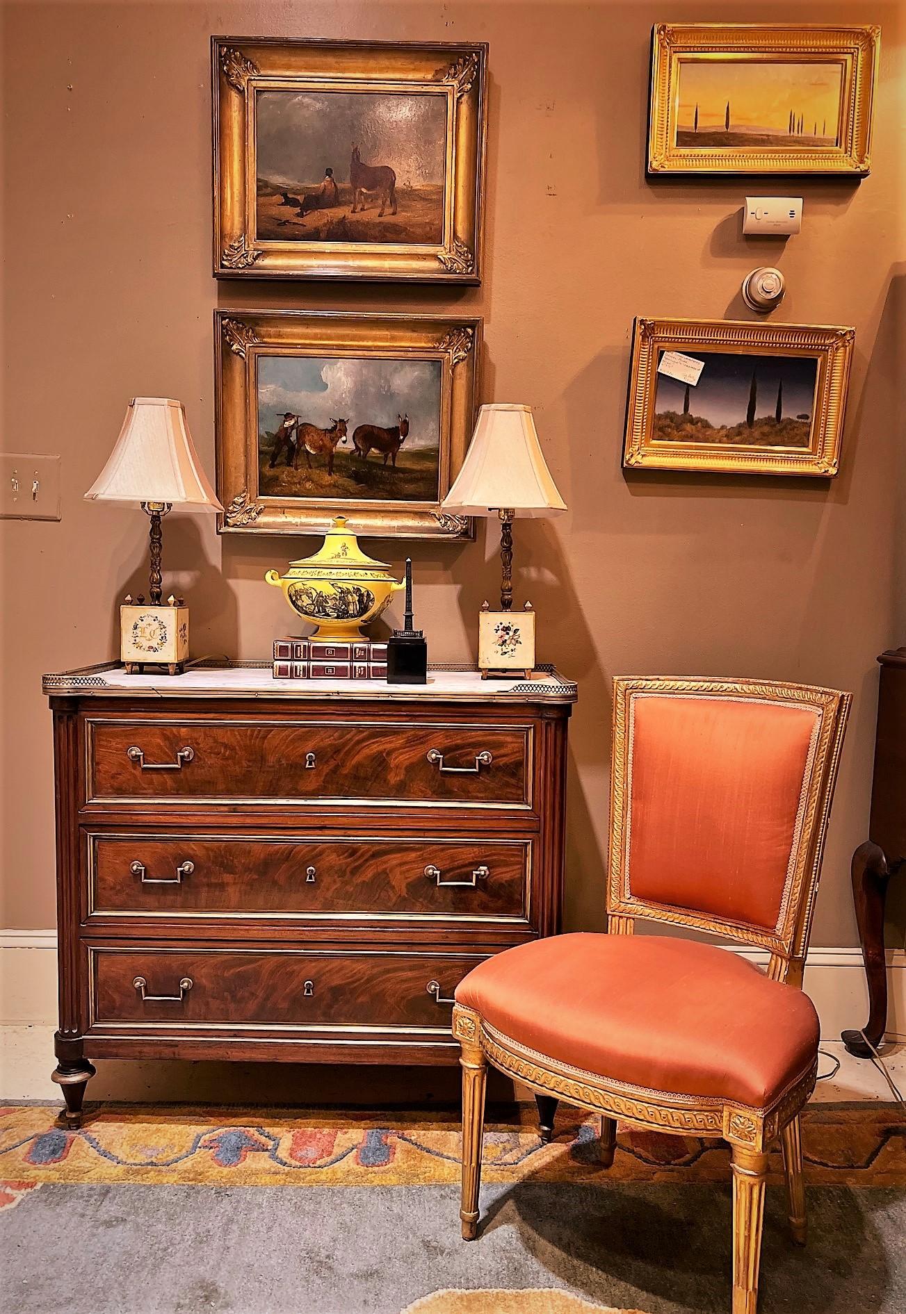 This beautiful and stylish smaller 3-drawer commode is perfect for that focal point in the living room, dining area or foyer. It is hand-constructed of figured mahogany with oak secondary wood. Hand-cast bronze pulls, mounts, and distinctive pierced