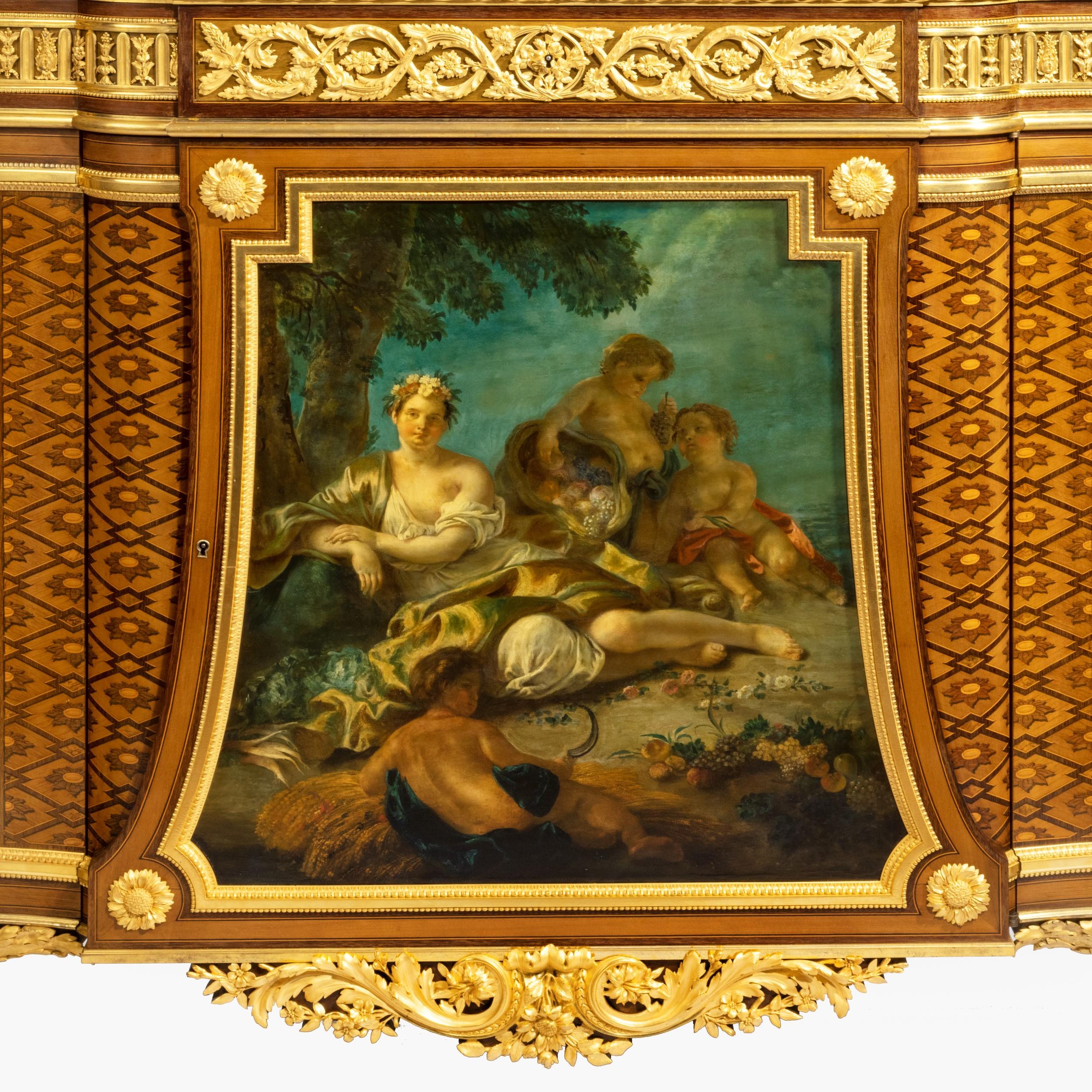 Français Commode de style Louis XVI avec panneau peint par Henry Dasson:: datée de 1879 en vente