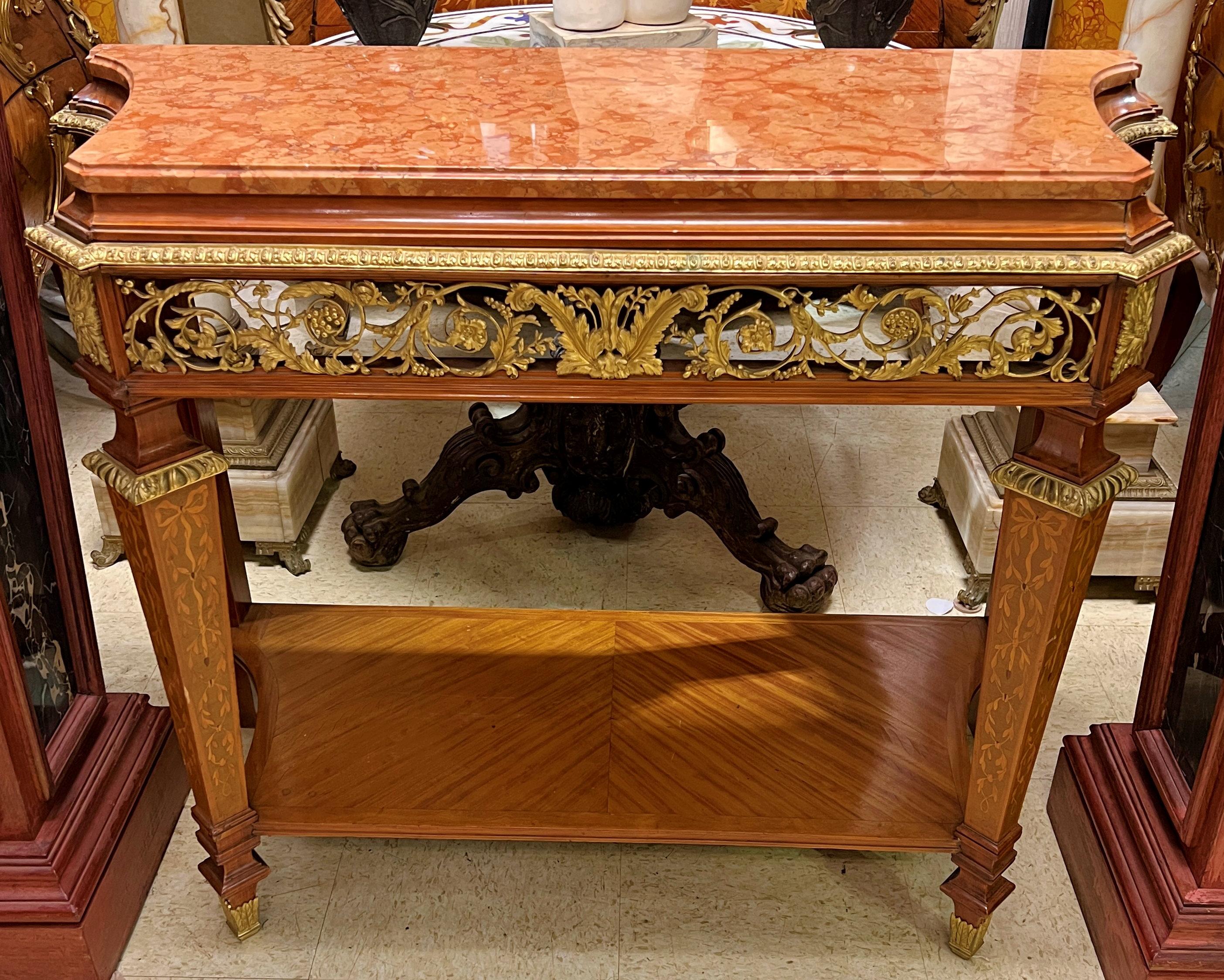 Very fine quality French Louis XVI Style gilt bronze mounted marble top Console Table by Ameublement Forest of Paris.
    