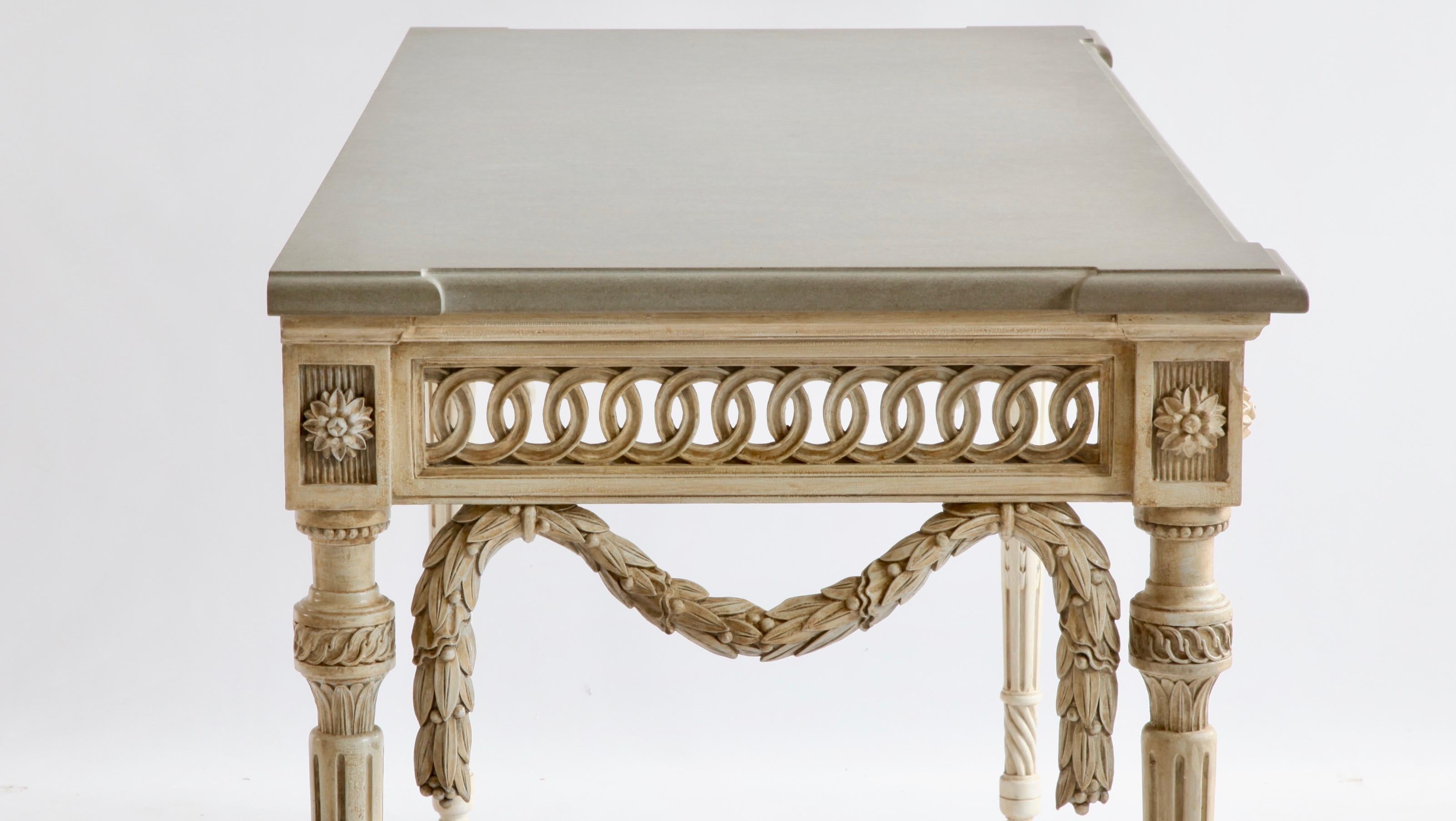 Hand-Carved Louis XVI Style Console Table Hand Carved in Wood and Finished in French Grey For Sale